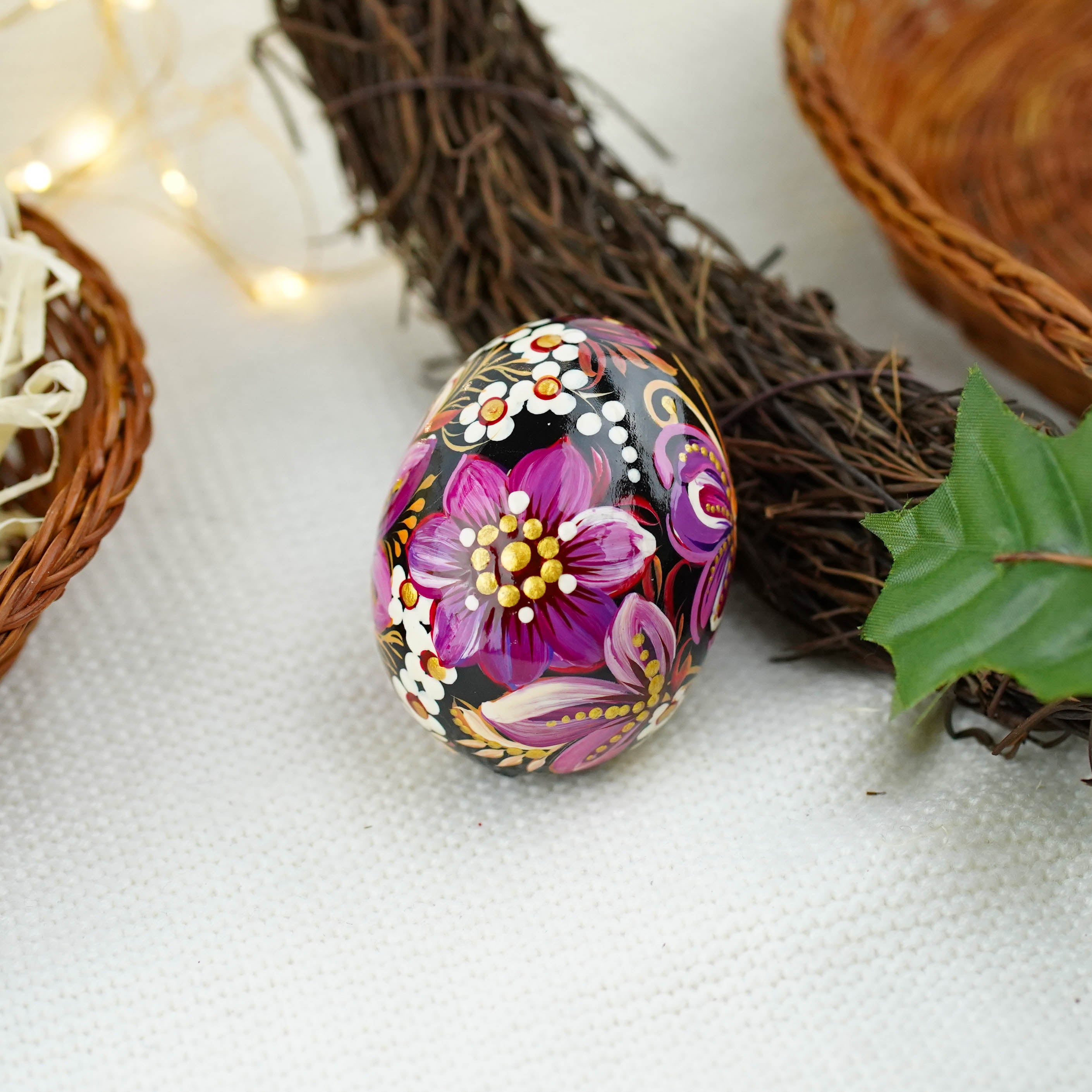 Hand-painted purple butterfly Easter egg carved from wood