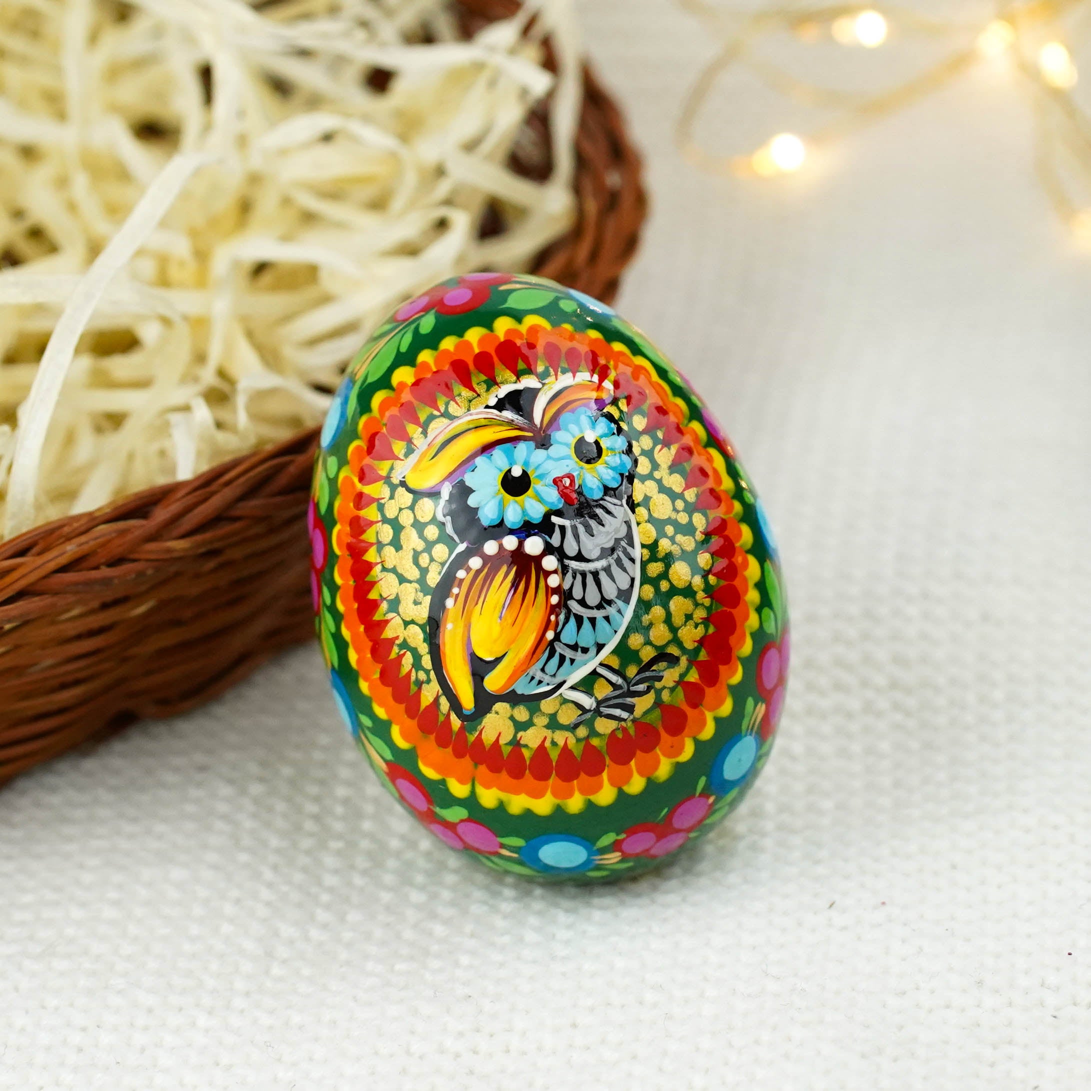 Wooden Owl Easter egg - Hand-painted Easter egg decoration