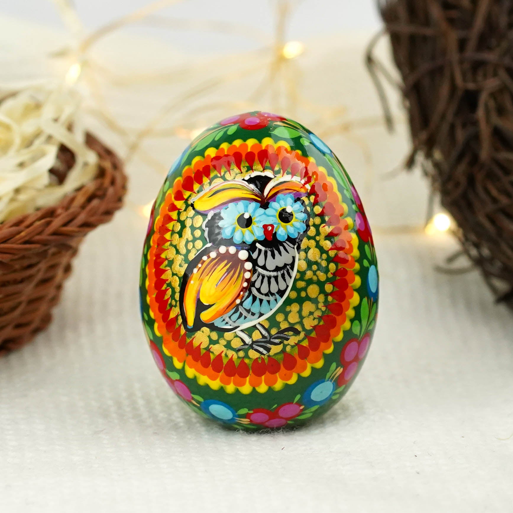 Wooden Owl Easter egg - Hand-painted Easter egg decoration