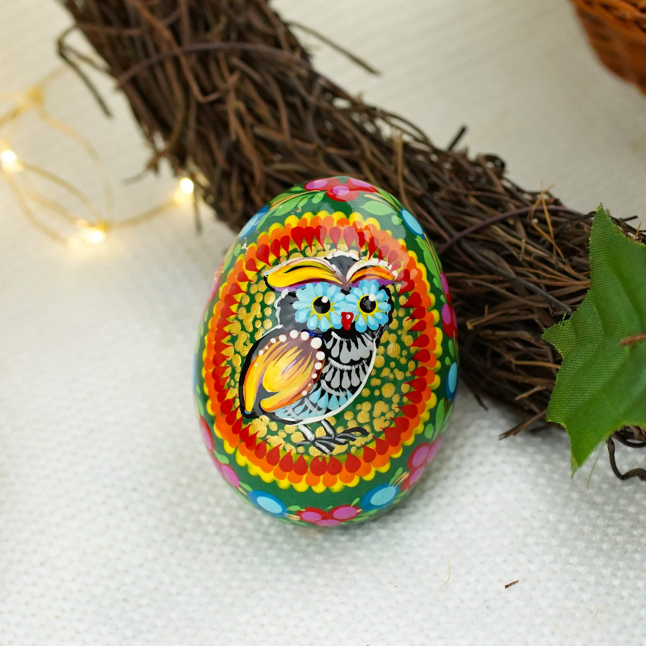 Wooden Owl Easter egg - Hand-painted Easter egg decoration