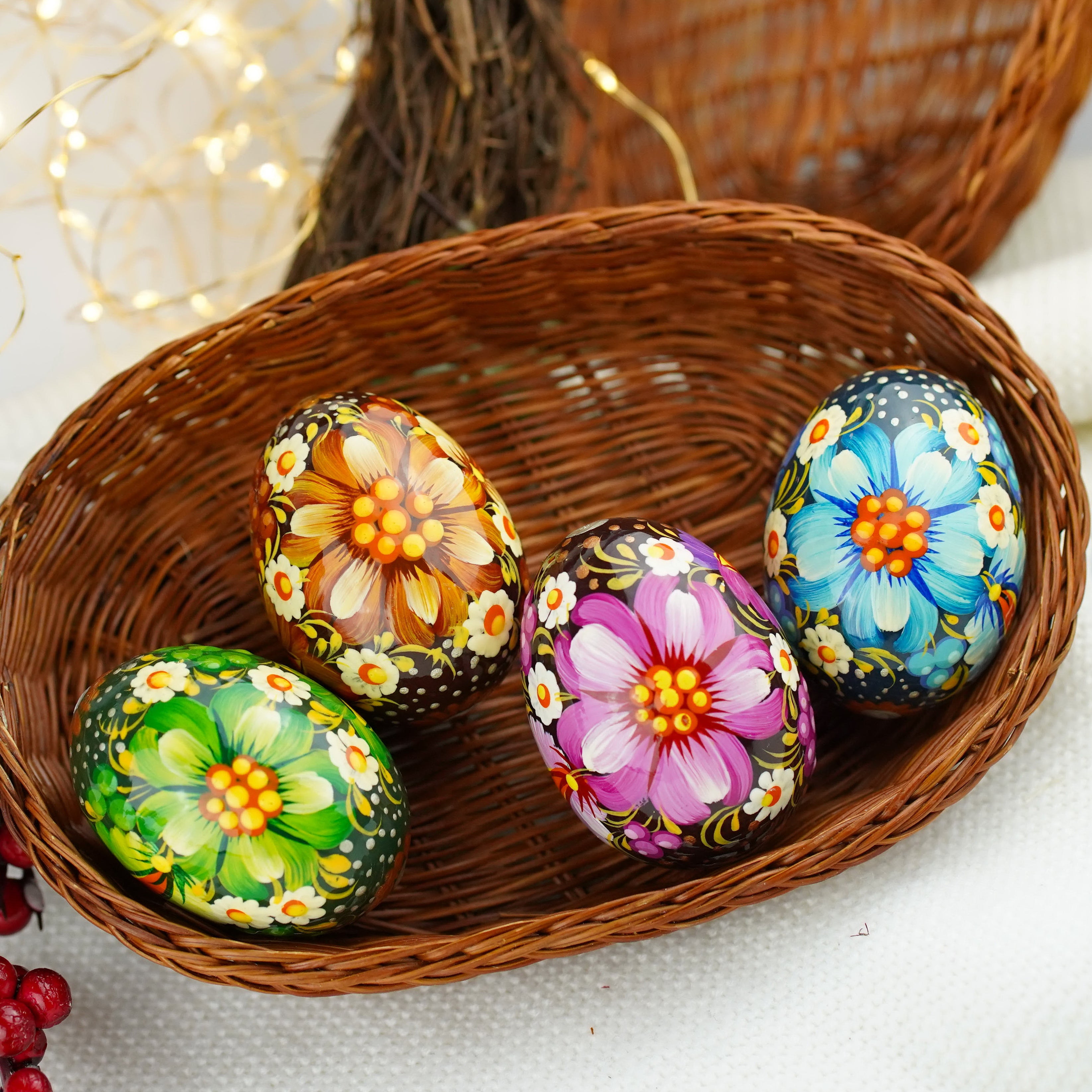 Painted wooden Easter egg - Handmade Petrykivka folk art Ukrainian pysanky egg