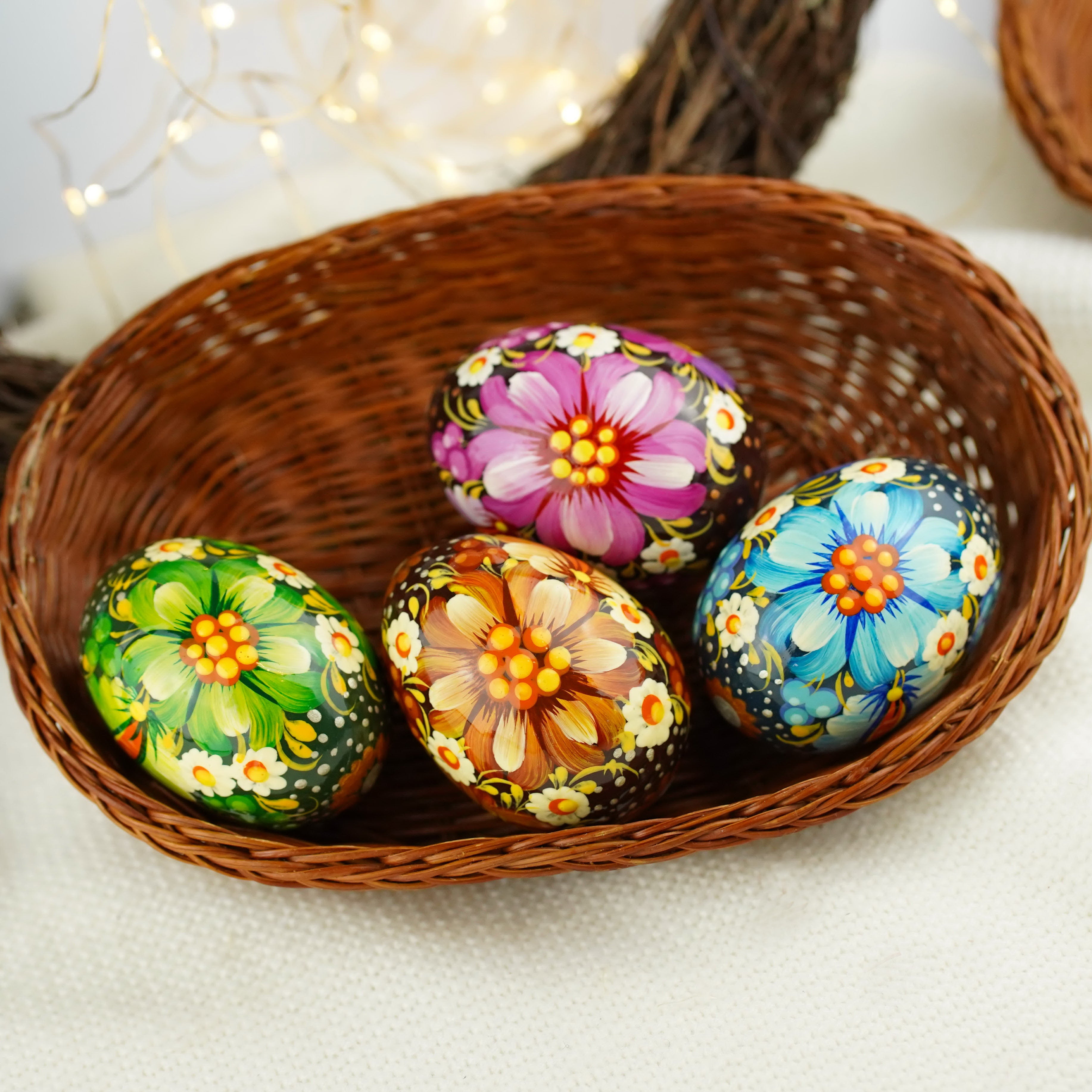 Painted wooden Easter egg - Handmade Petrykivka folk art Ukrainian pysanky egg