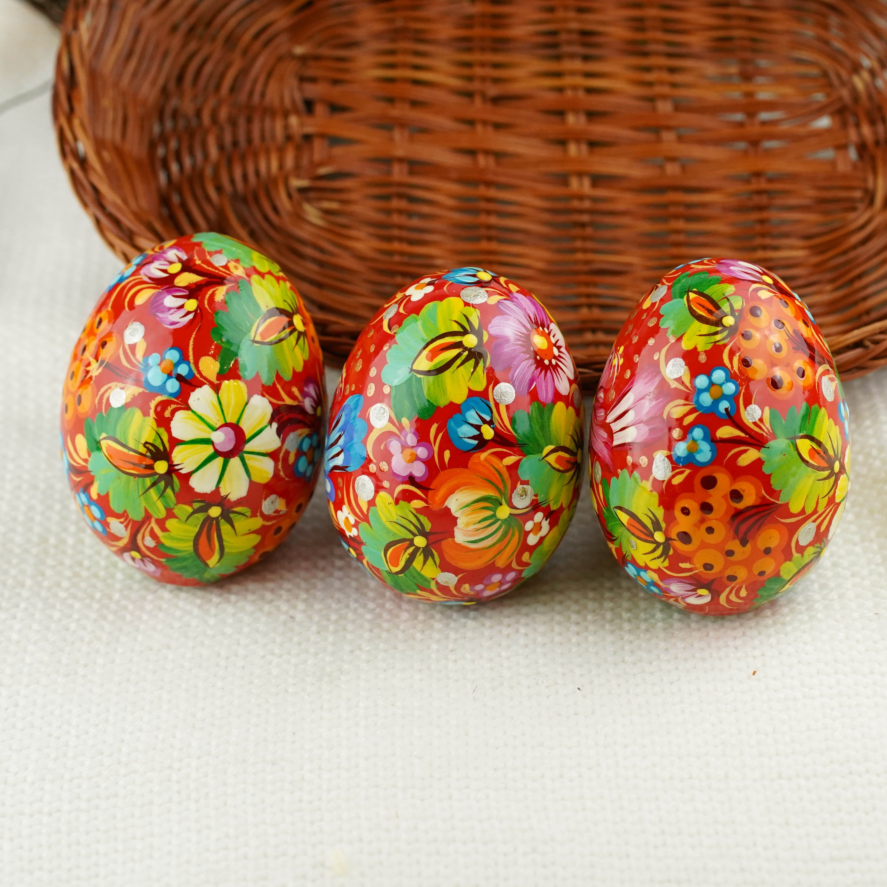 Set of 3 hand-painted wooden bird Easter eggs