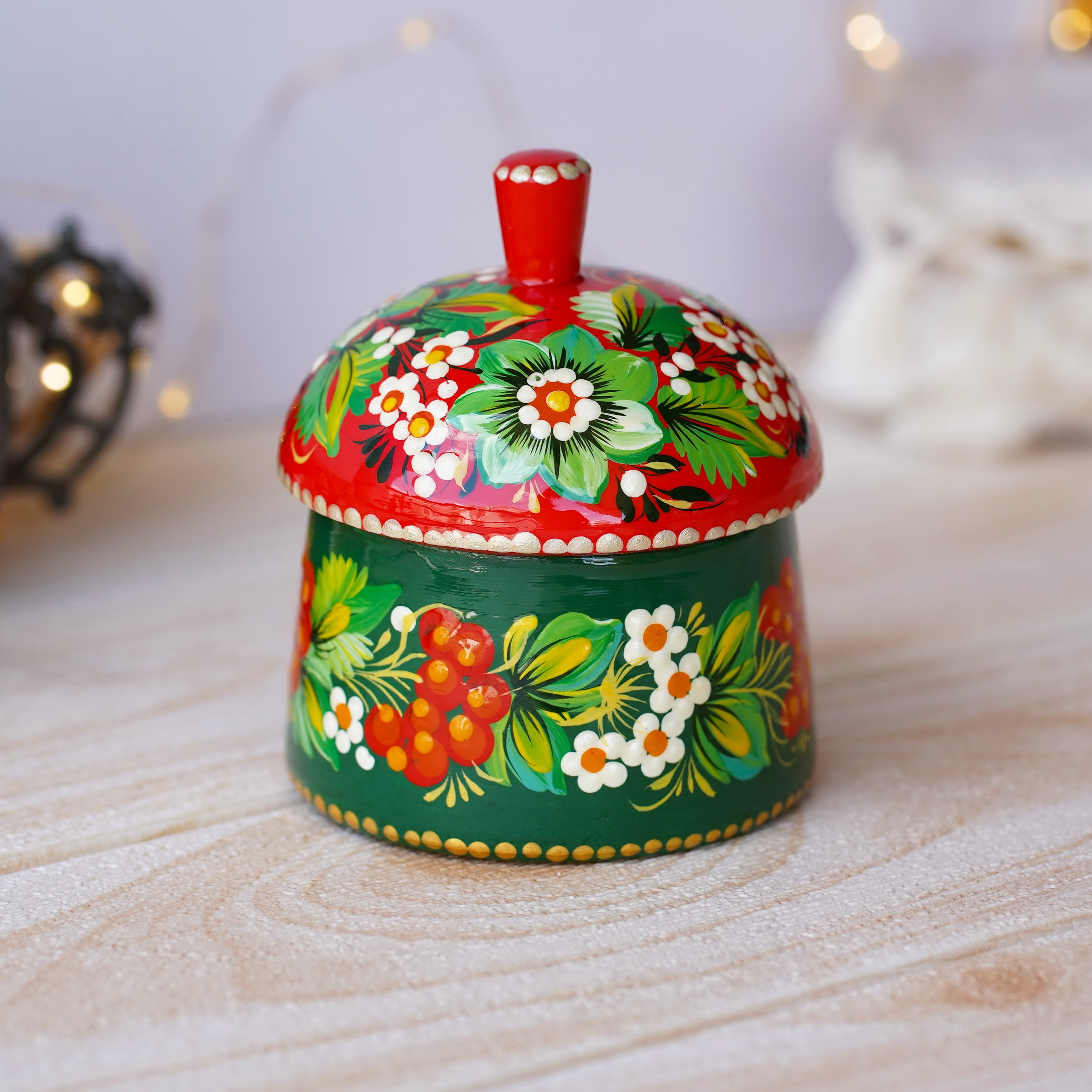 Handmade Painted Wooden Christmas Jewelry Box with Lid 3.9 in - Petrykivka Art, Green & Red Flower Small Keepsake Box