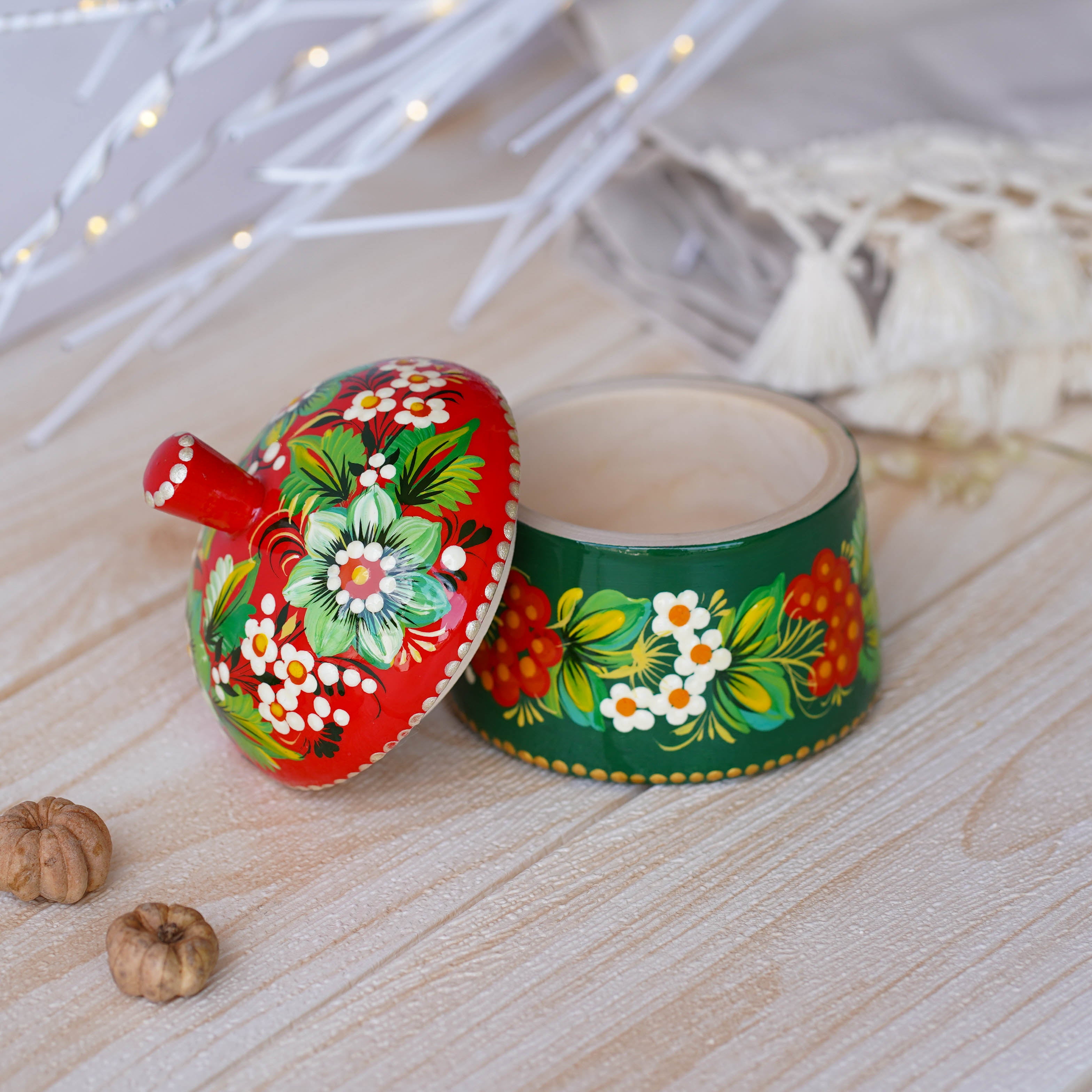 Handmade Painted Wooden Christmas Jewelry Box with Lid 3.9 in - Petrykivka Art, Green & Red Flower Small Keepsake Box