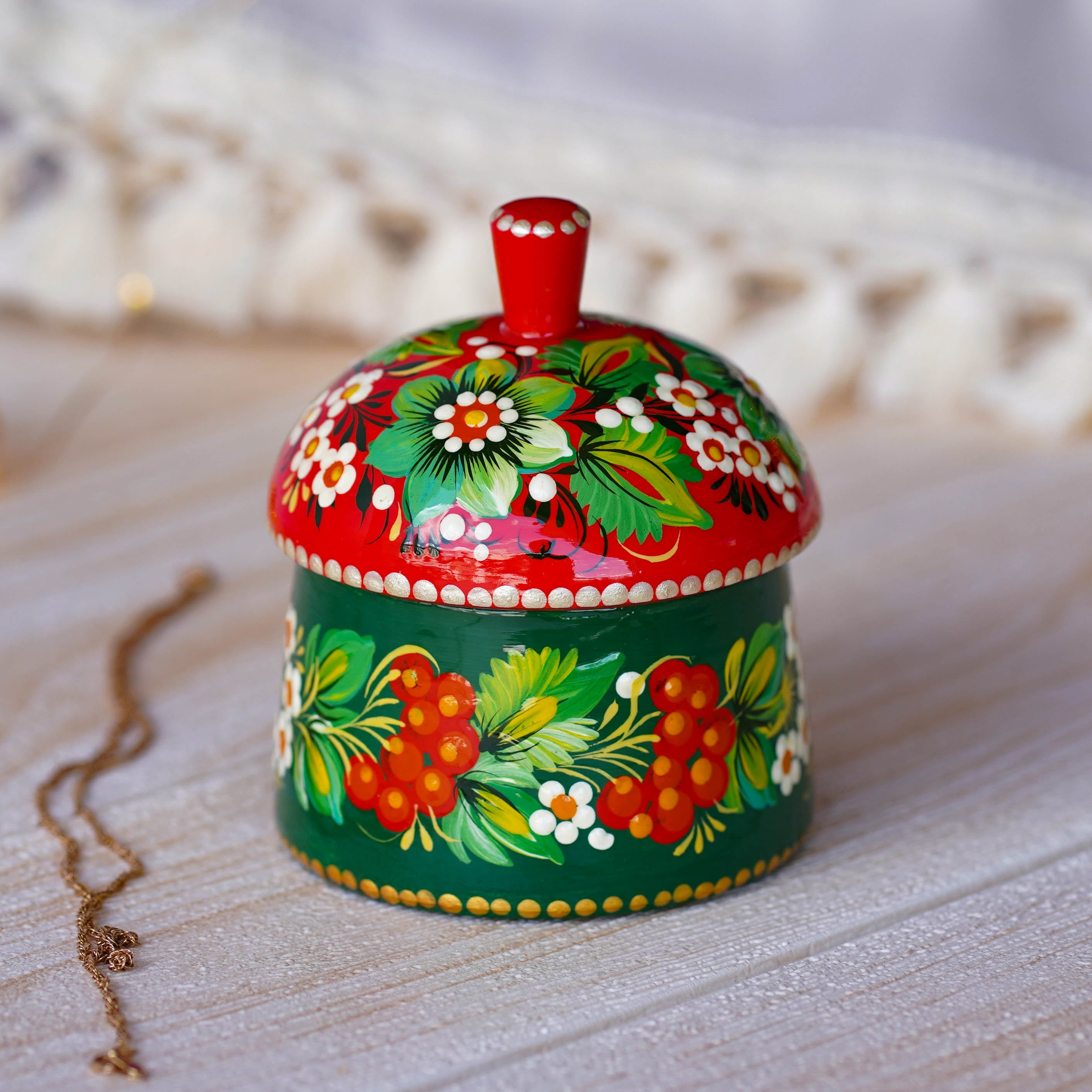 Handmade Painted Wooden Christmas Jewelry Box with Lid 3.9 in - Petrykivka Art, Green & Red Flower Small Keepsake Box