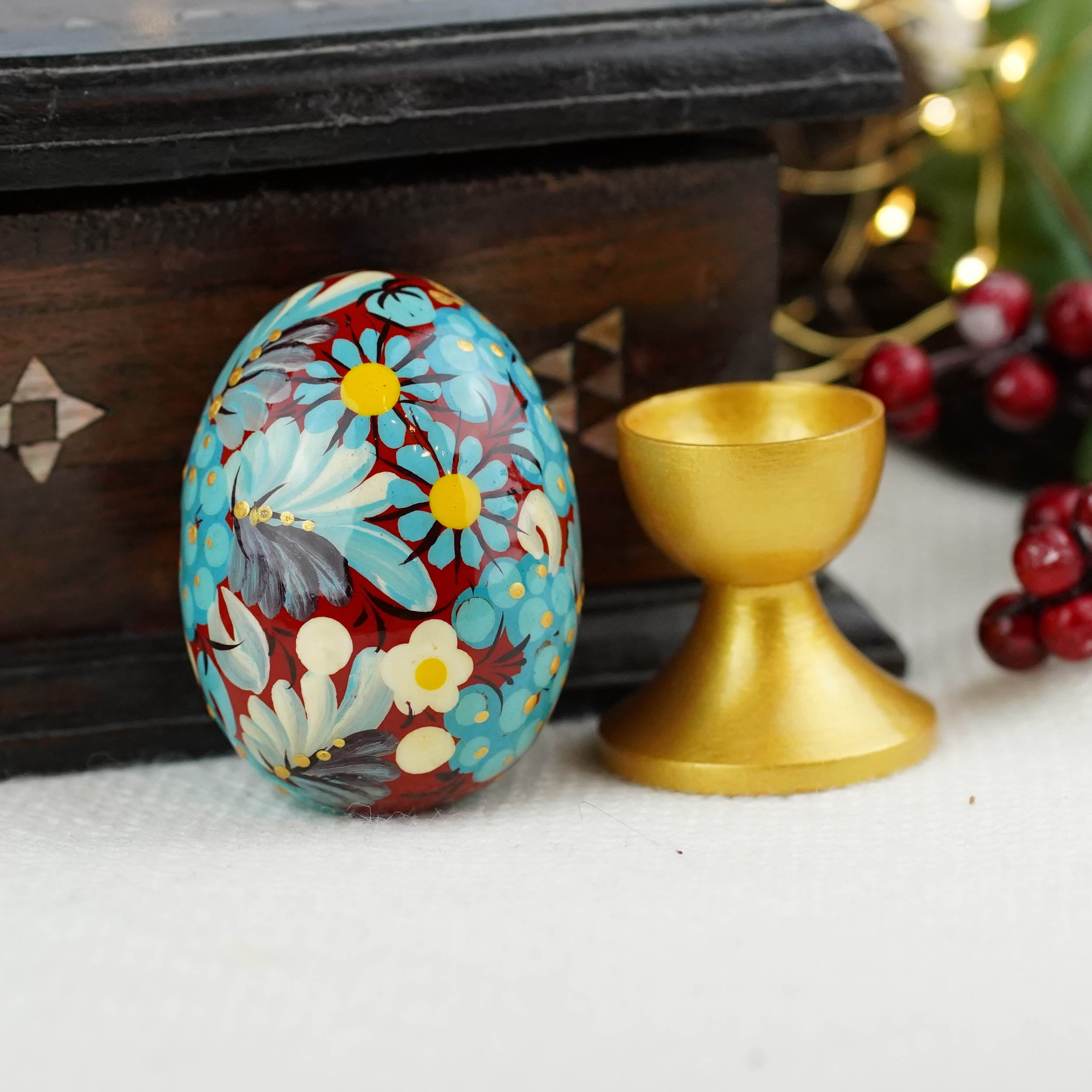 Hand painted wooden burgundy and blue flower Easter egg