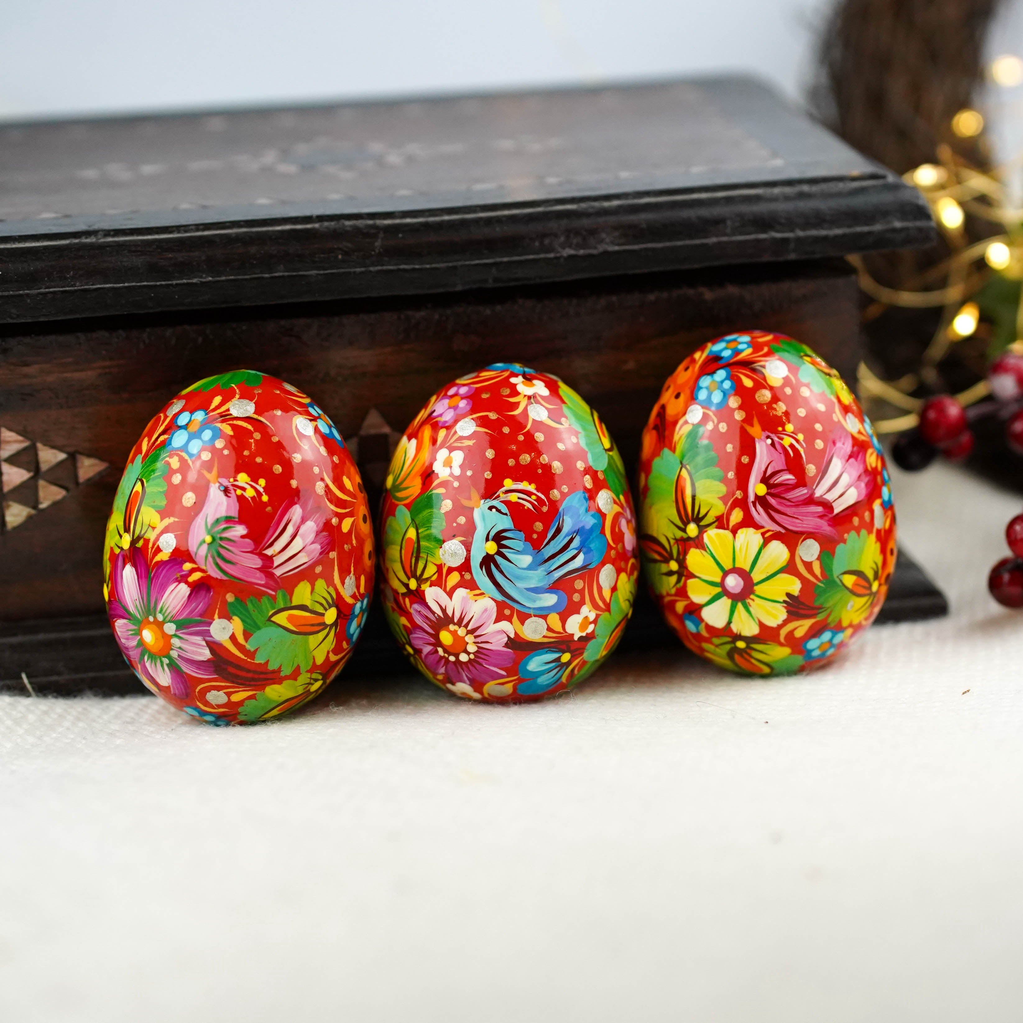 Set of 3 hand-painted wooden bird Easter eggs