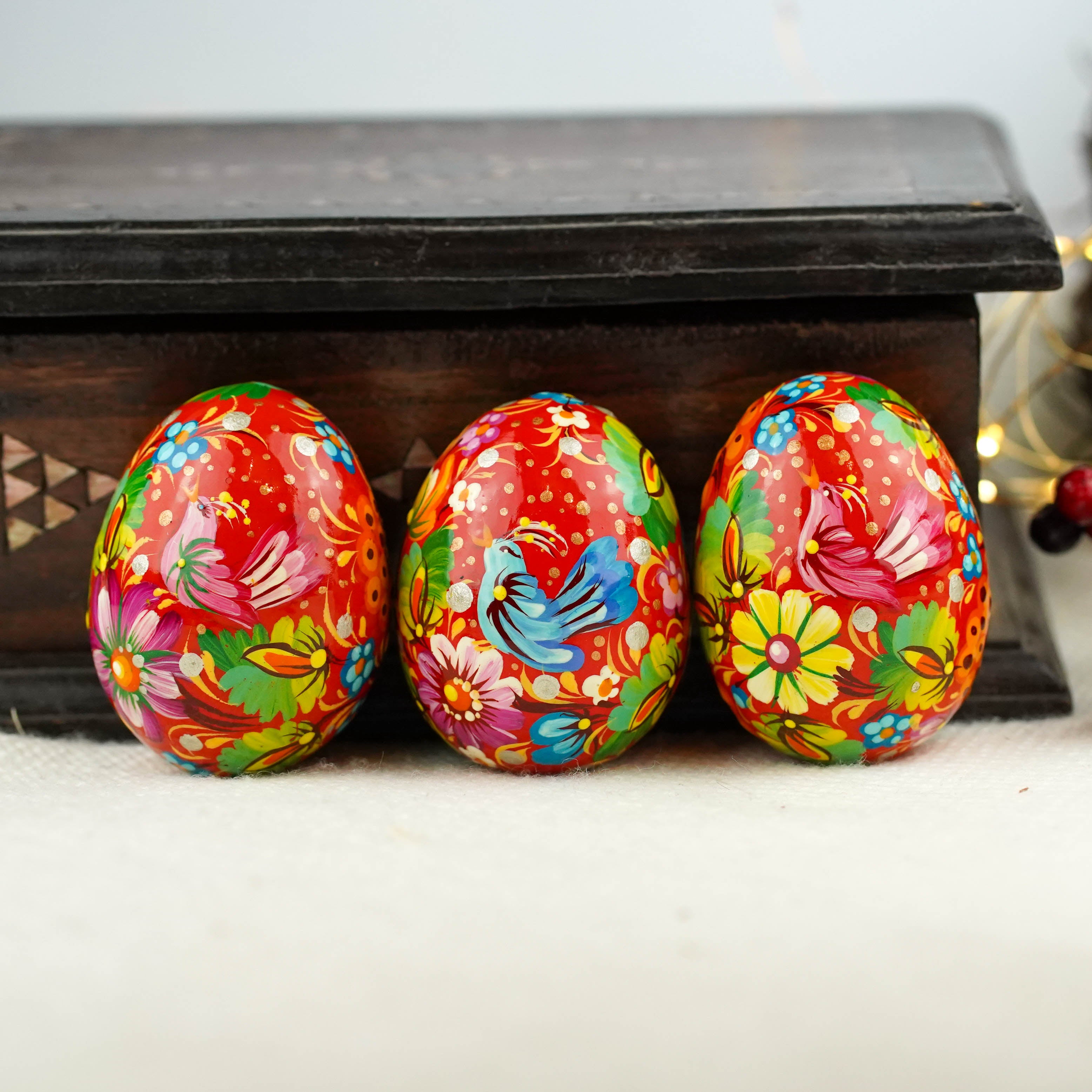 Set of 3 hand-painted wooden bird Easter eggs