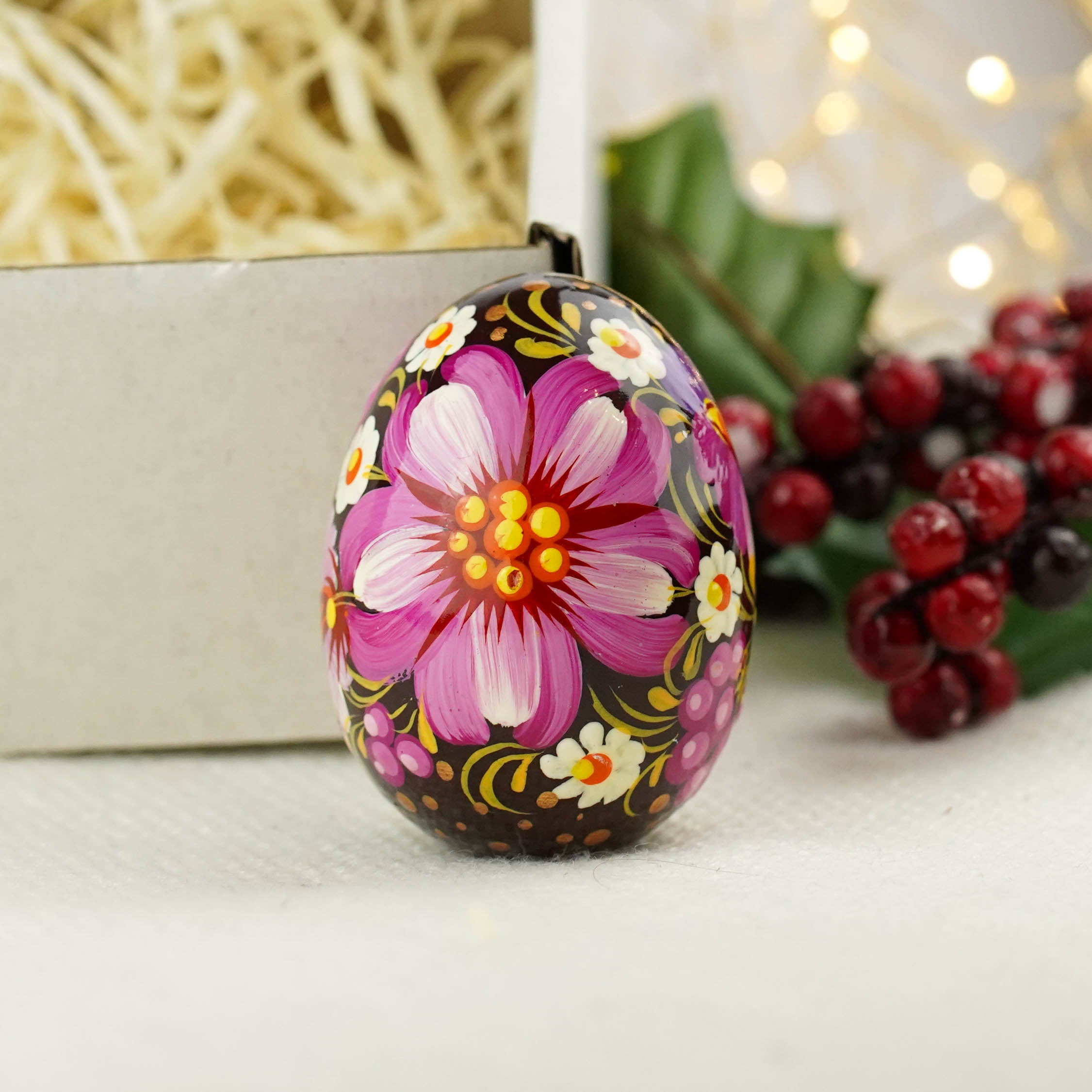 Painted wooden Easter egg - Handmade Petrykivka folk art Ukrainian pysanky egg