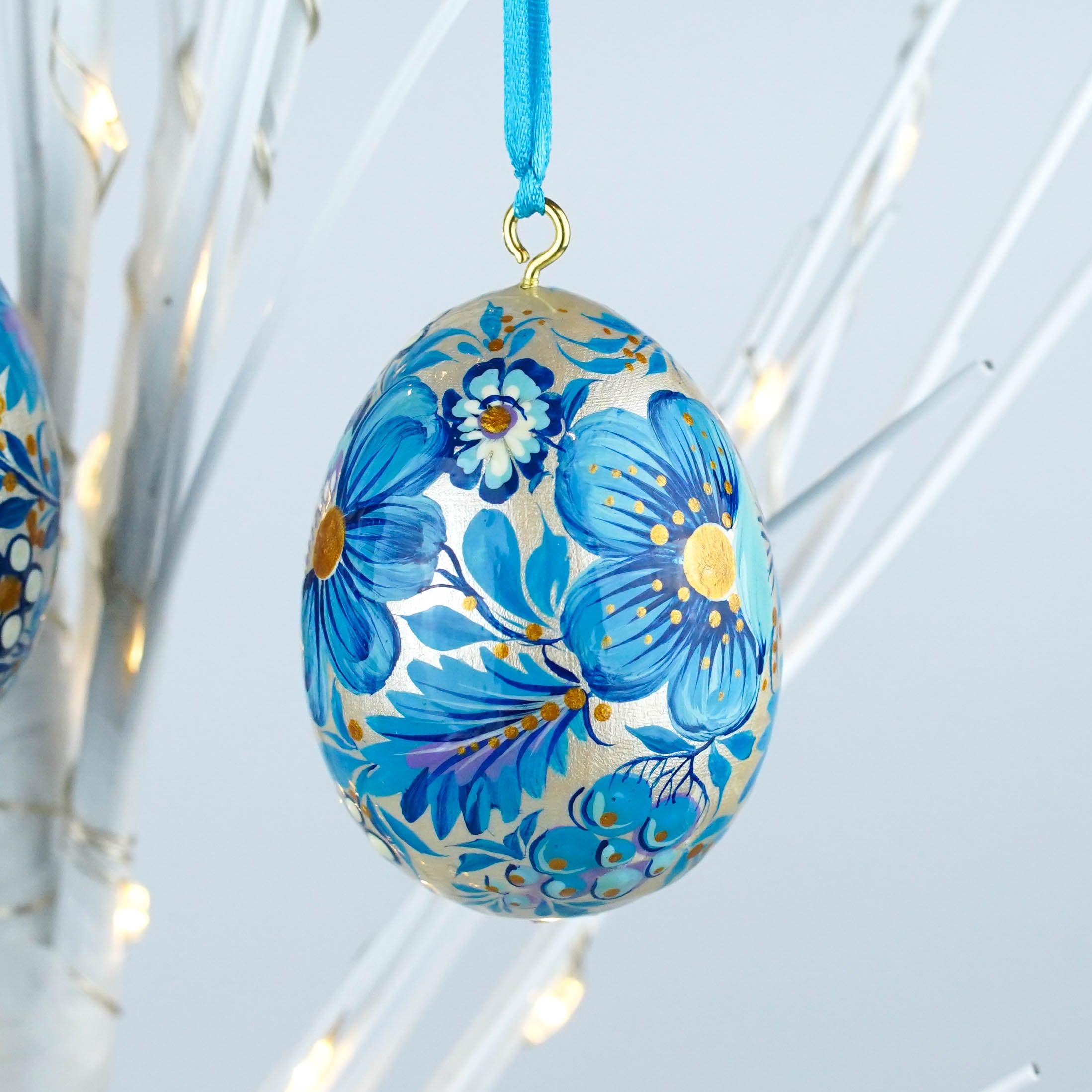 Set of 3 painted wooden Easter egg ornaments hanging - Blue bird Easter tree ornaments