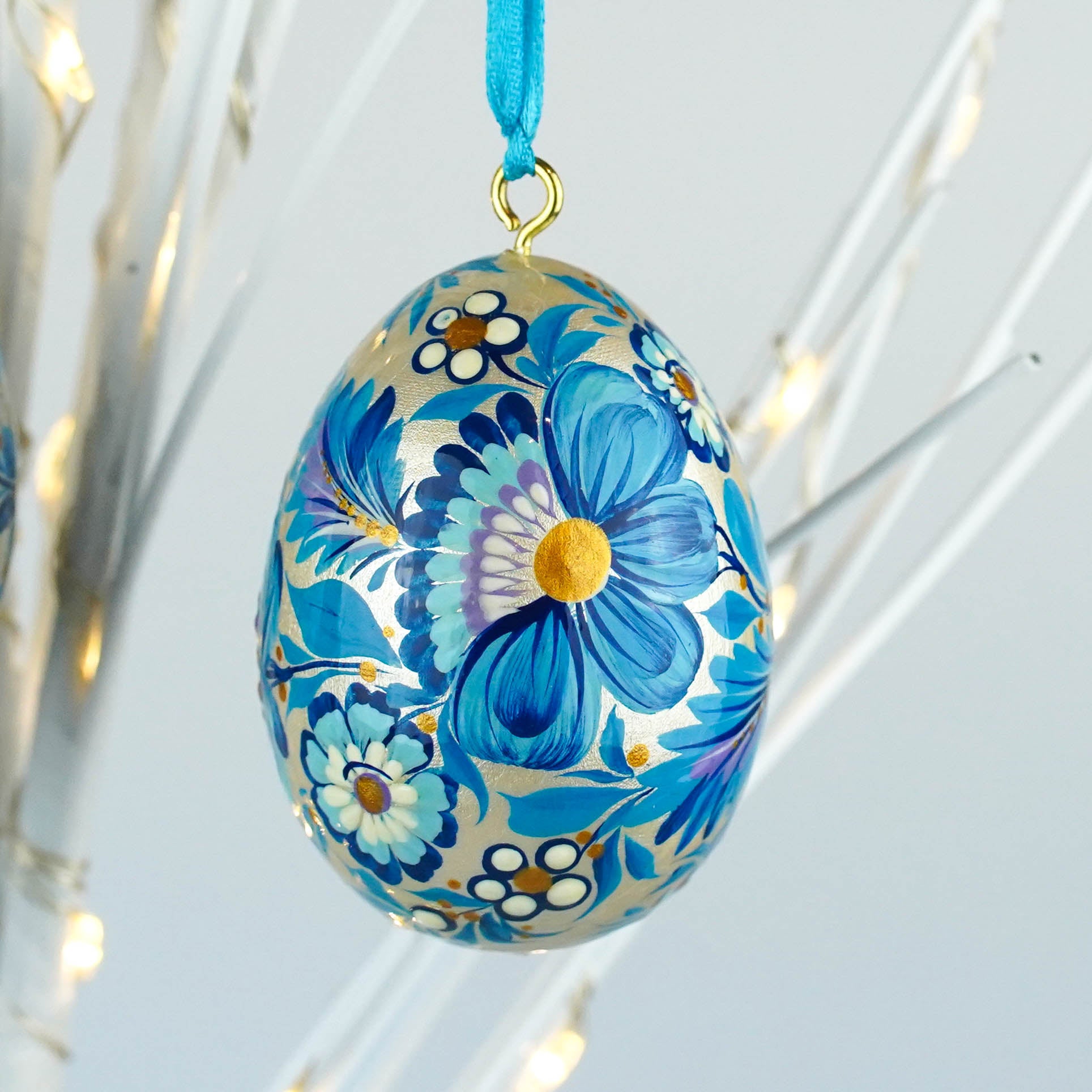 Set of 3 painted wooden Easter egg ornaments hanging - Blue bird Easter tree ornaments