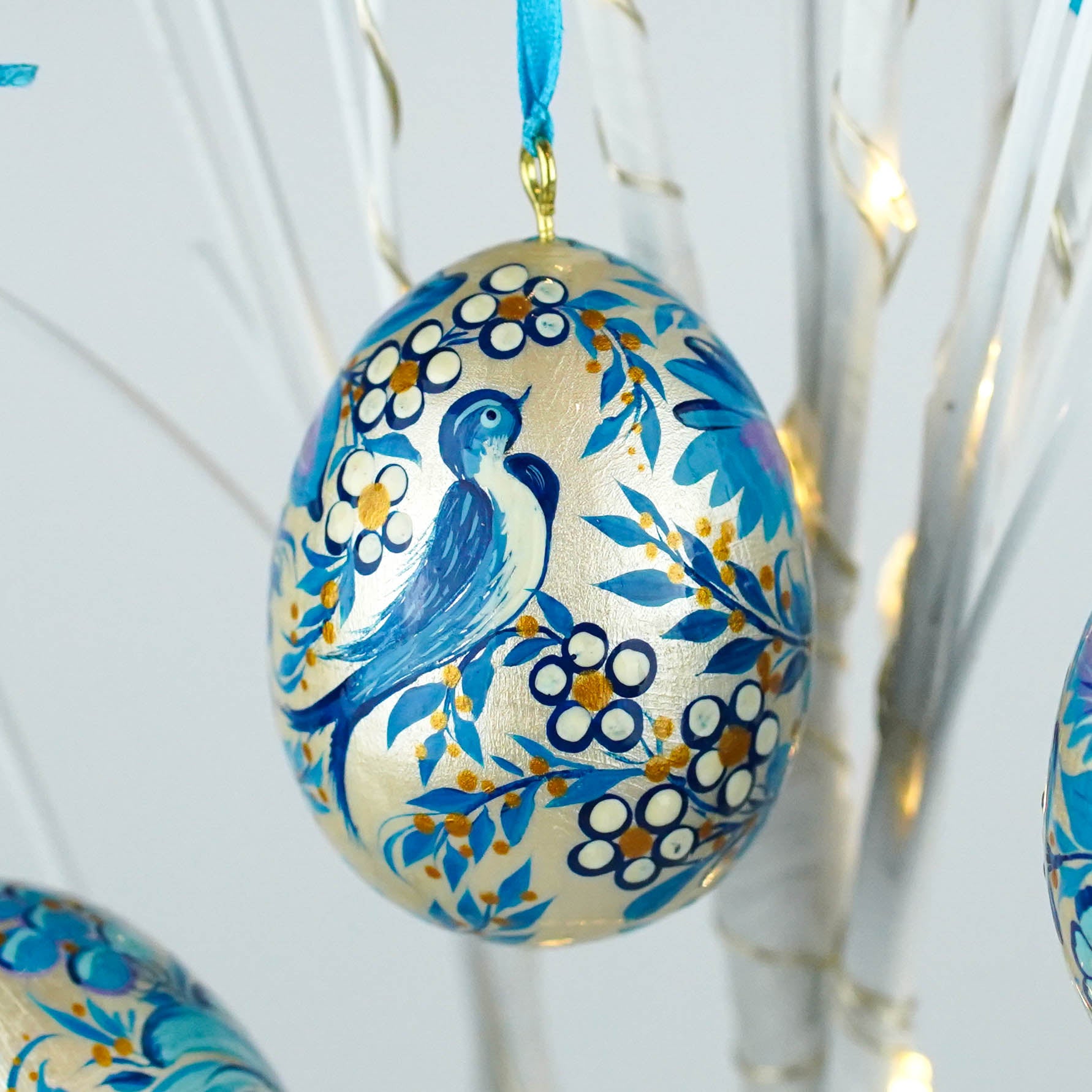 Set of 3 painted wooden Easter egg ornaments hanging - Blue bird Easter tree ornaments