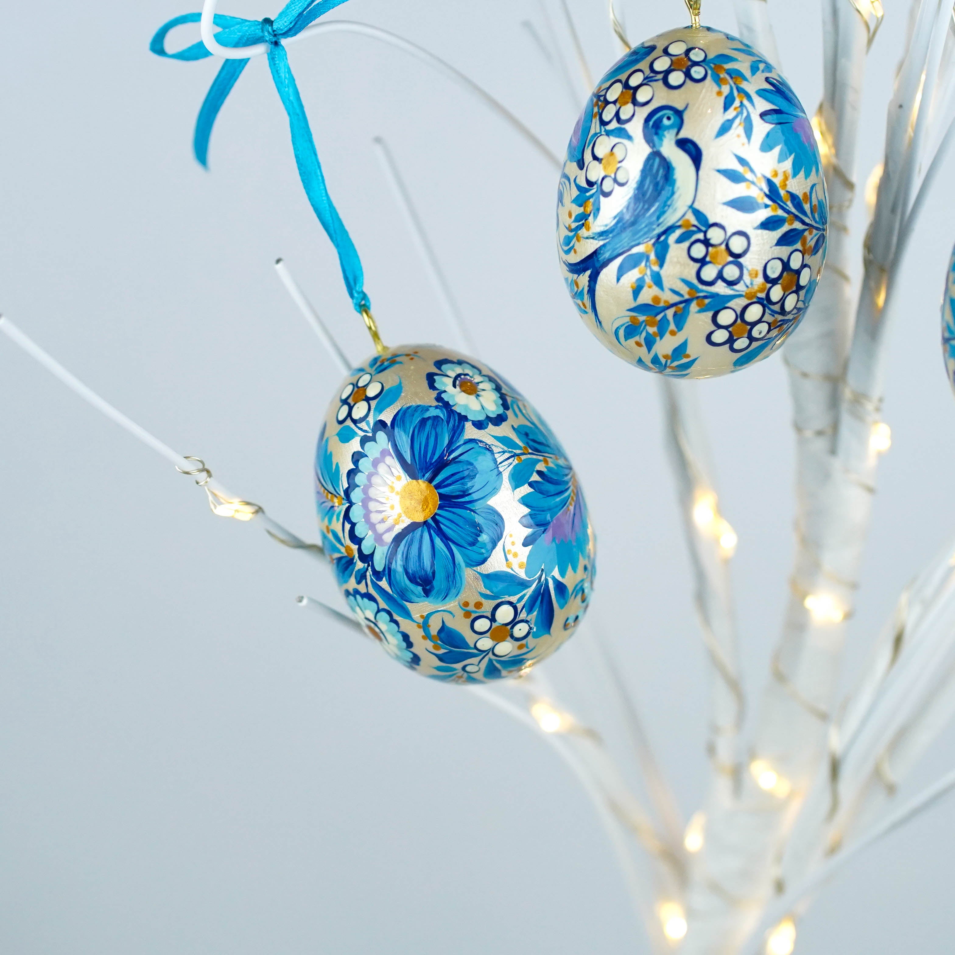 Set of 3 painted wooden Easter egg ornaments hanging - Blue bird Easter tree ornaments