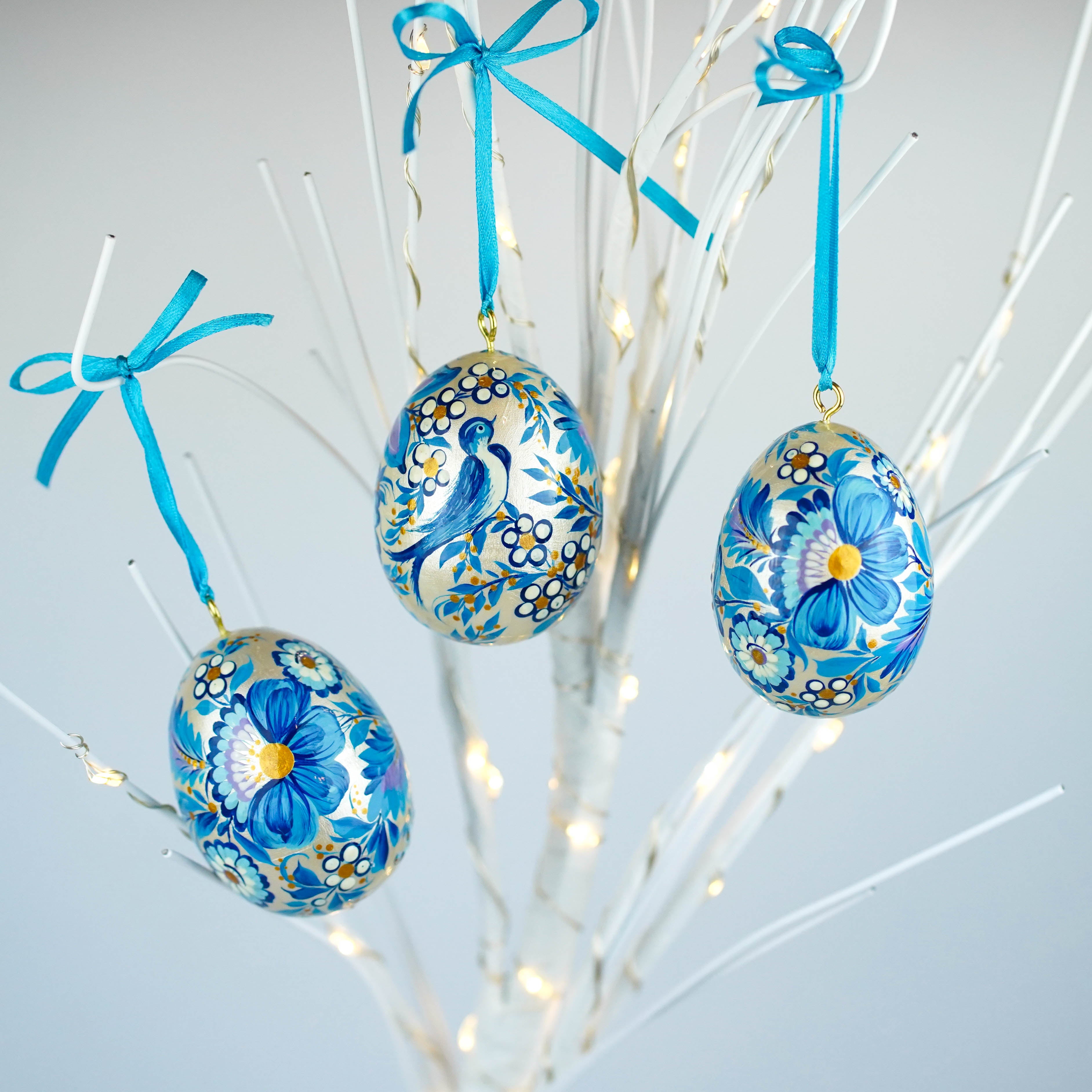 Set of 3 painted wooden Easter egg ornaments hanging - Blue bird Easter tree ornaments