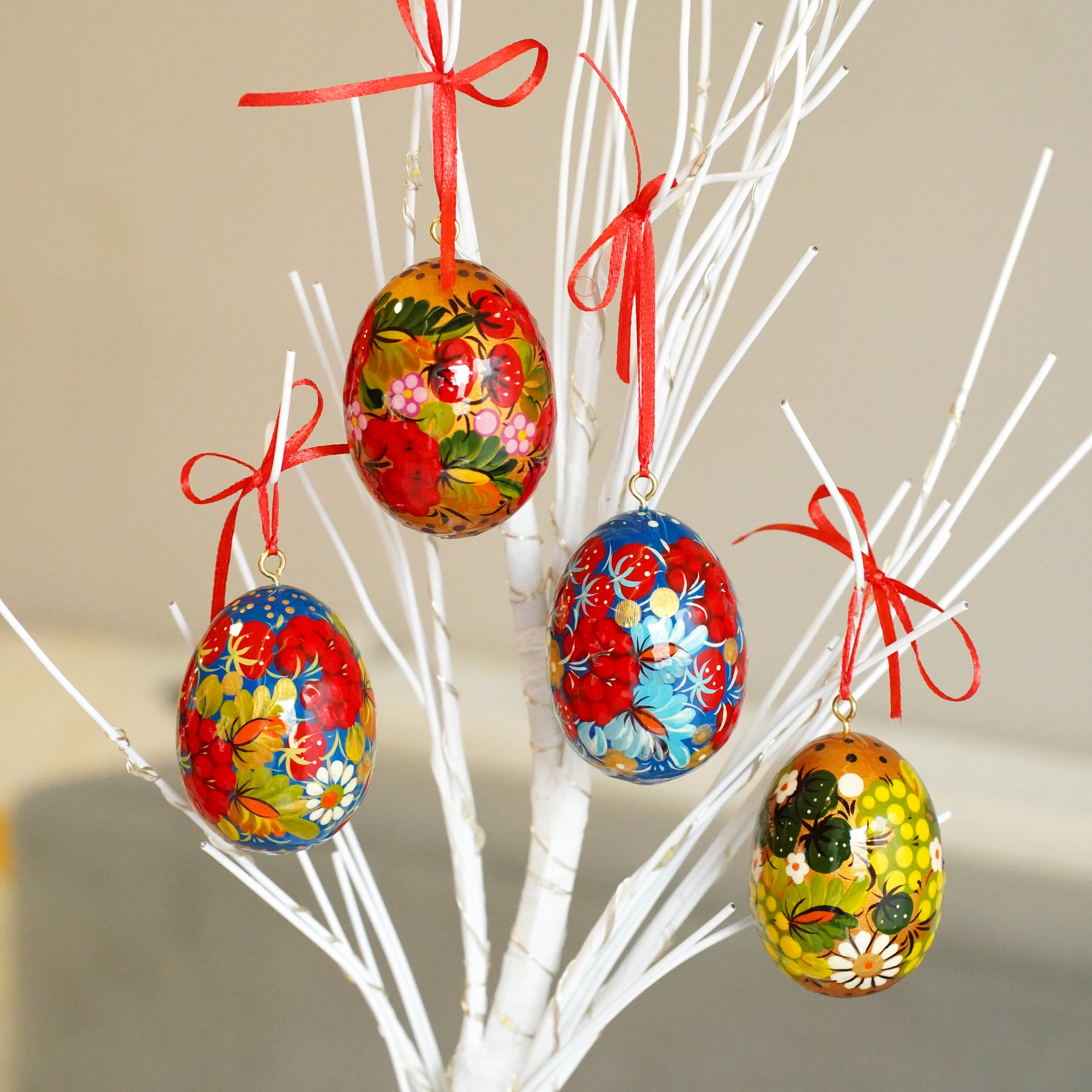 Set of 4 painted wooden Easter egg ornaments hanging - Ukrainian pysanky eggs