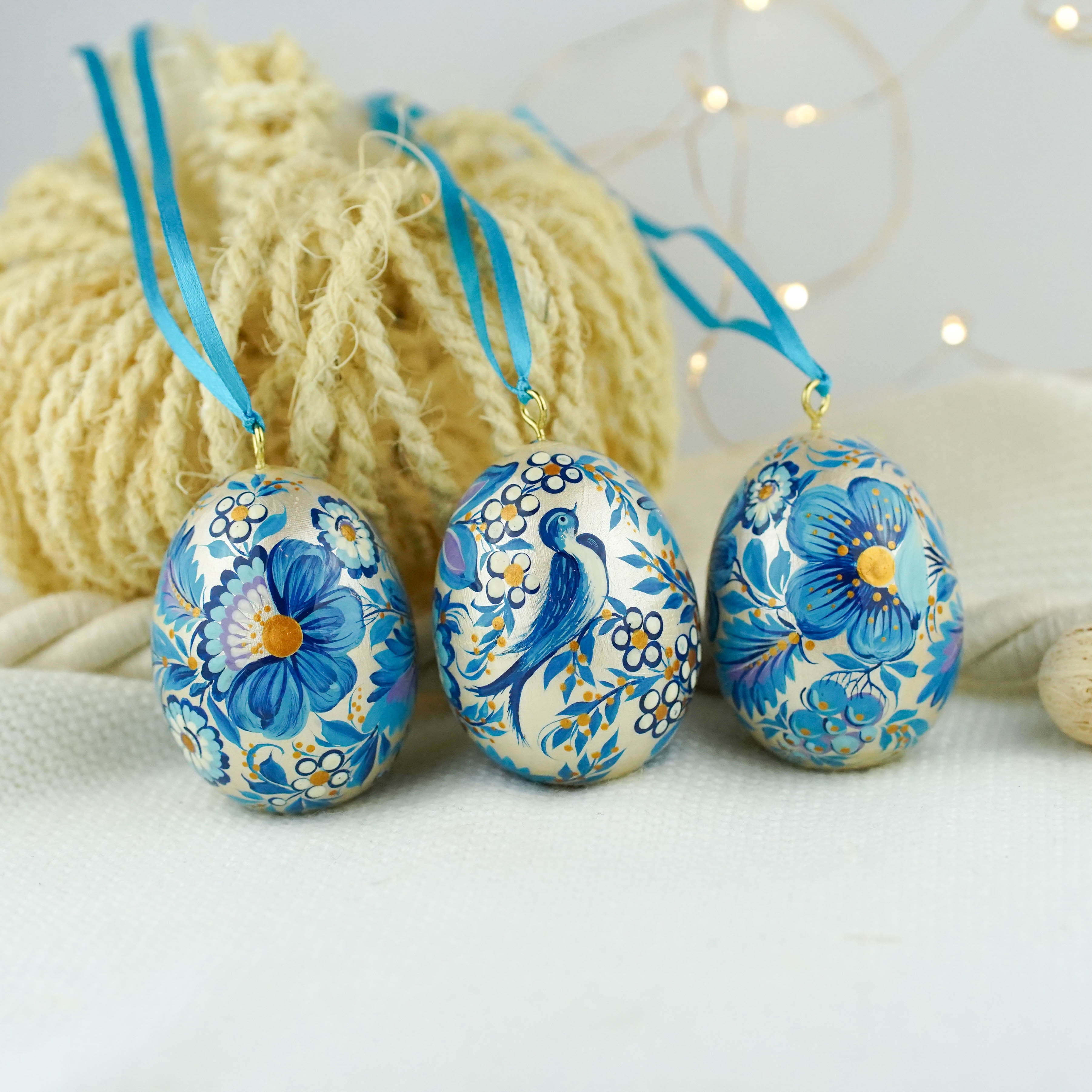 Set of 3 painted wooden Easter egg ornaments hanging - Blue bird Easter tree ornaments