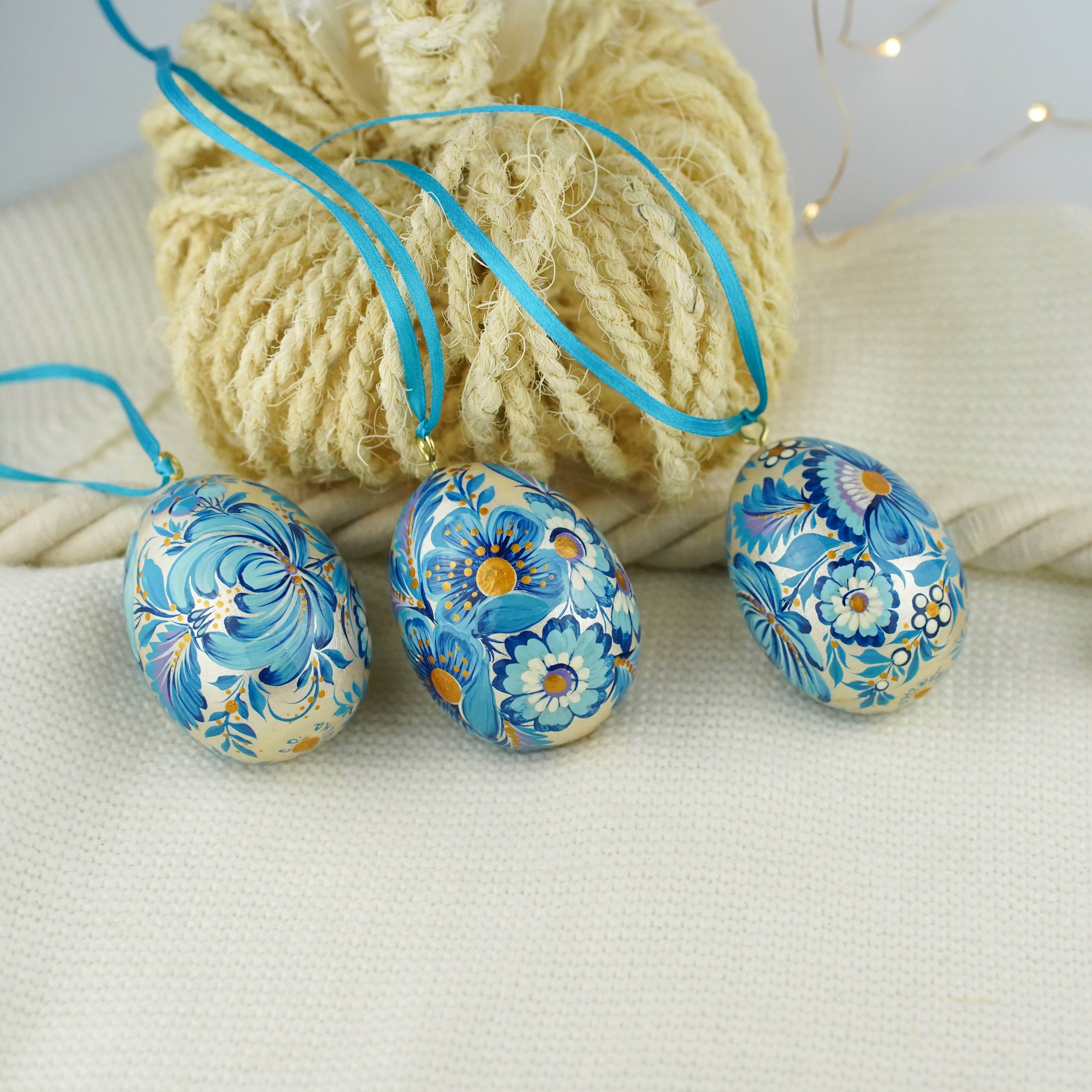 Set of 3 painted wooden Easter egg ornaments hanging - Blue bird Easter tree ornaments