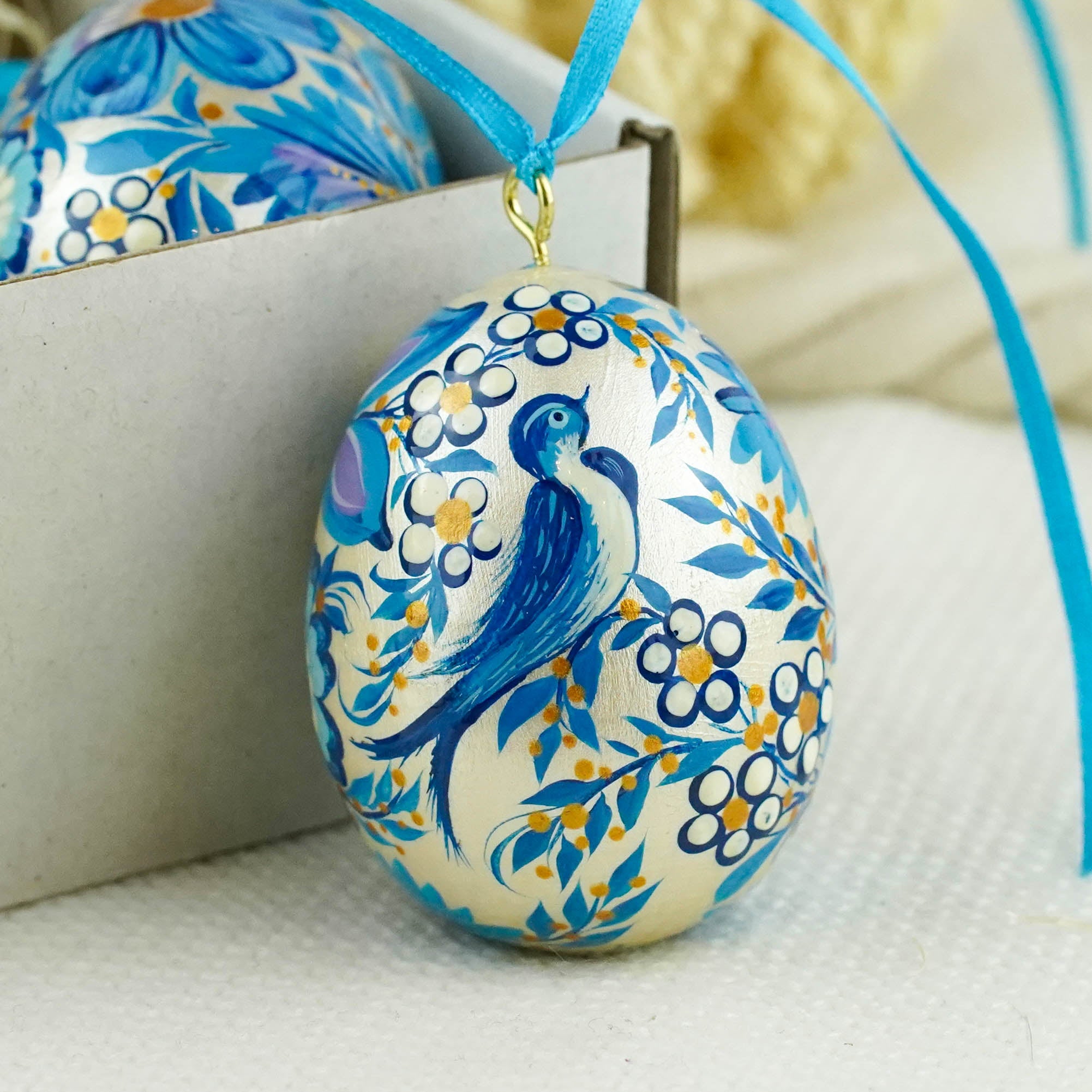 Set of 3 painted wooden Easter egg ornaments hanging - Blue bird Easter tree ornaments