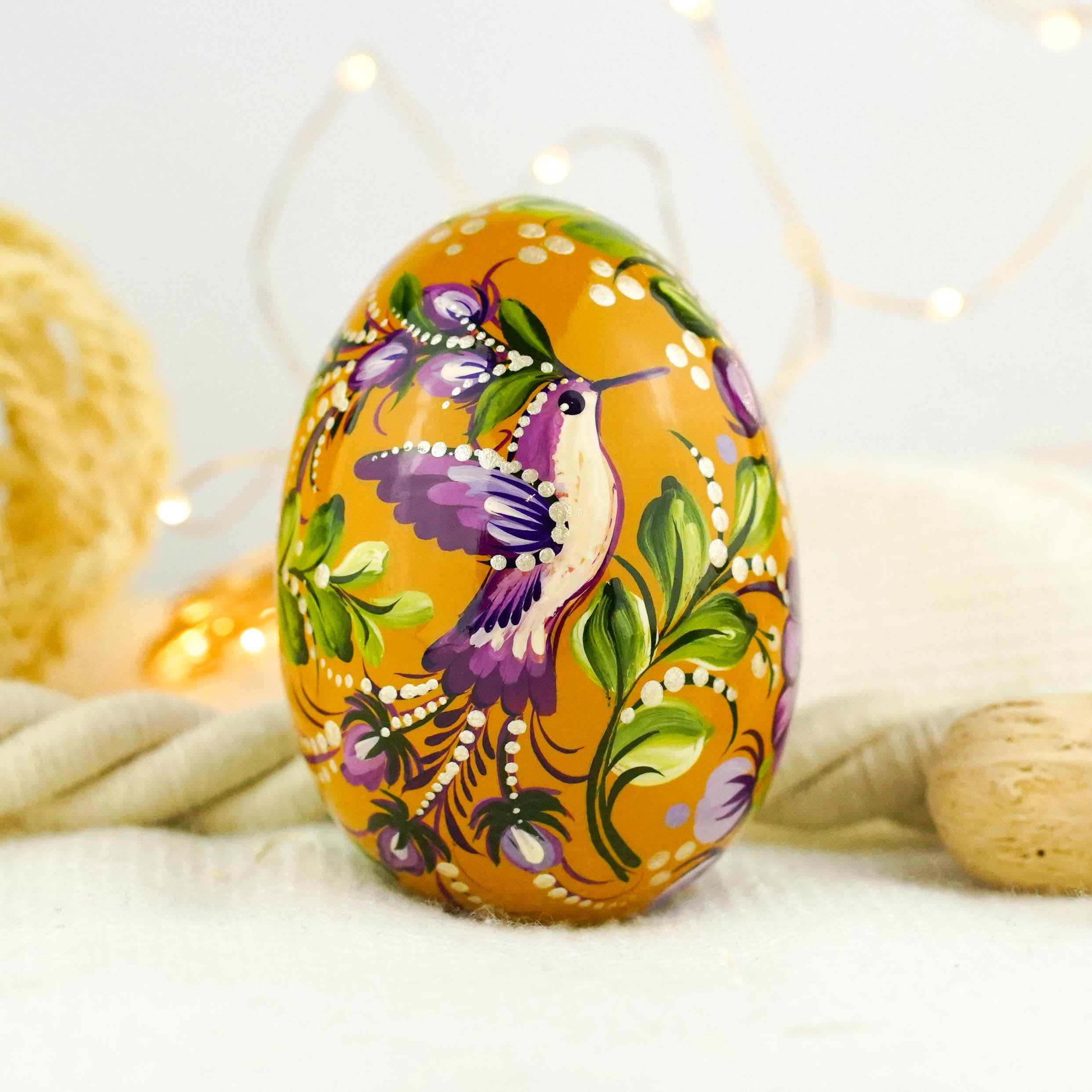 Large 3.54' hand-painted hummingbird Easter egg - Wooden purple flower egg