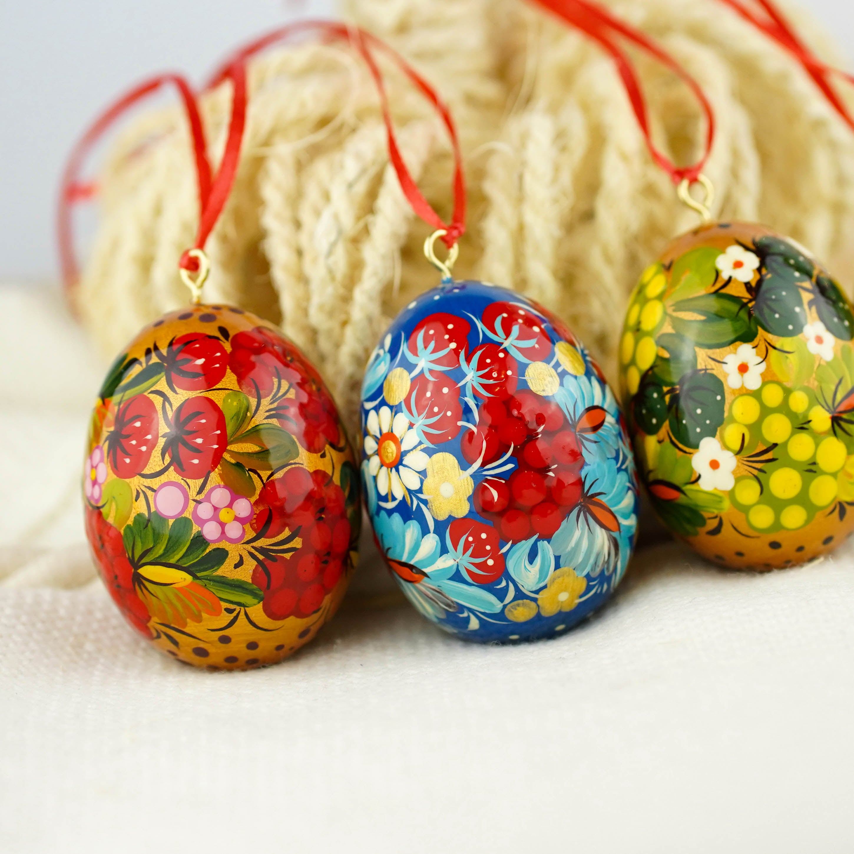 Set of 4 painted wooden Easter egg ornaments hanging - Ukrainian pysanky eggs