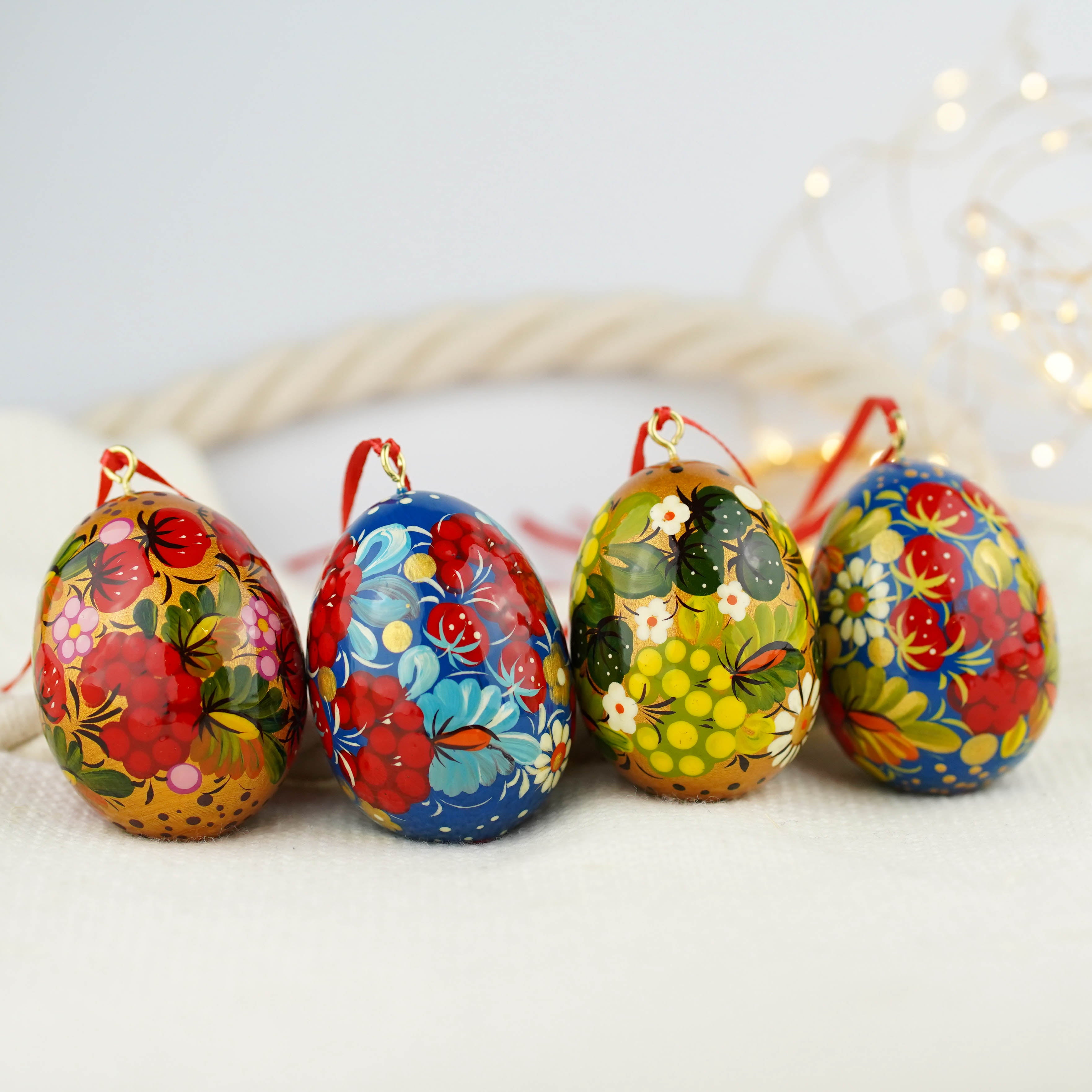 Set of 4 painted wooden Easter egg ornaments hanging - Ukrainian pysanky eggs