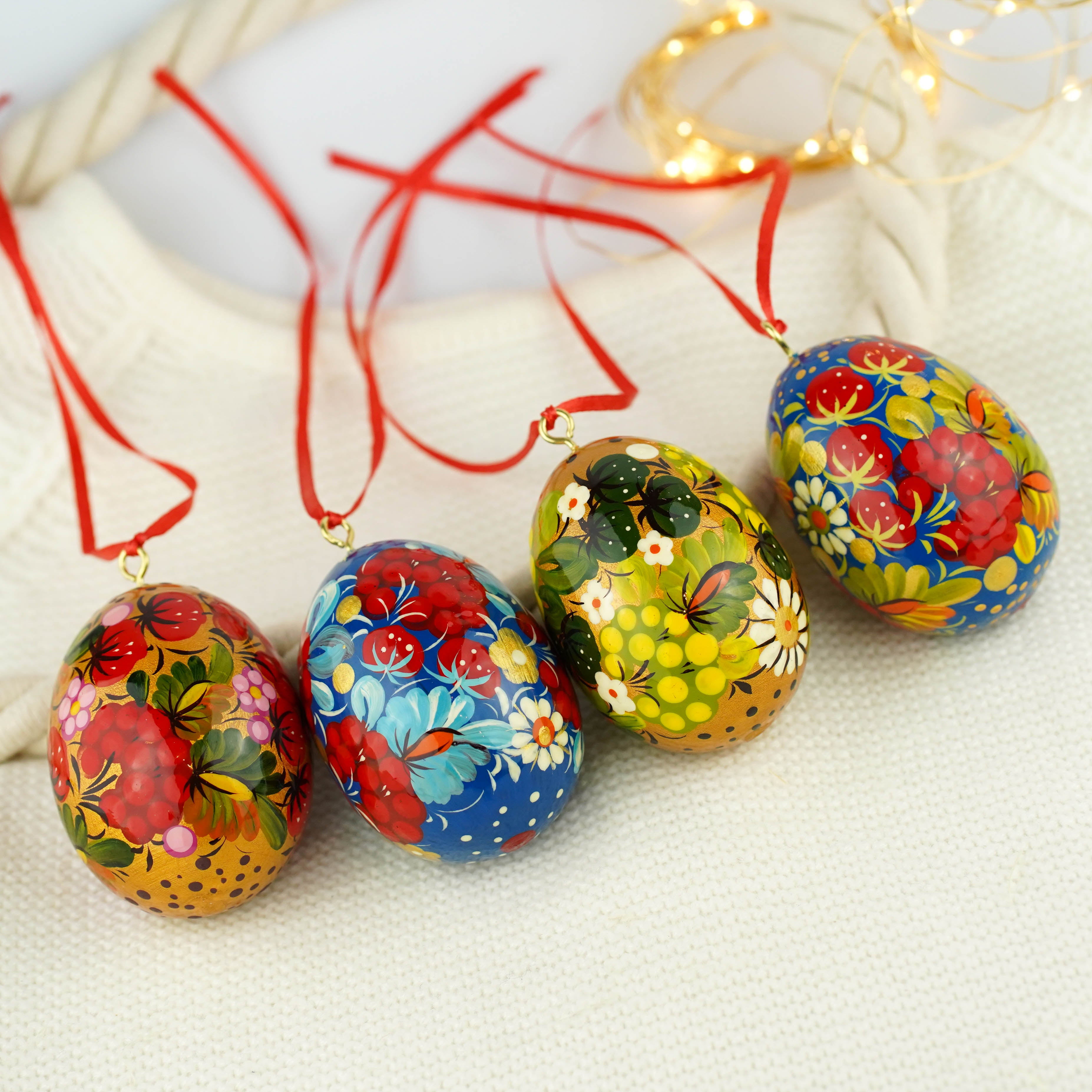 Set of 4 painted wooden Easter egg ornaments hanging - Ukrainian pysanky eggs