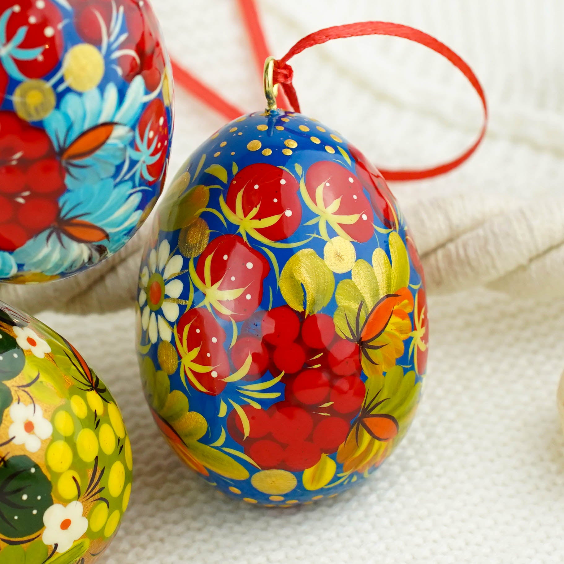 Set of 4 painted wooden Easter egg ornaments hanging - Ukrainian pysanky eggs