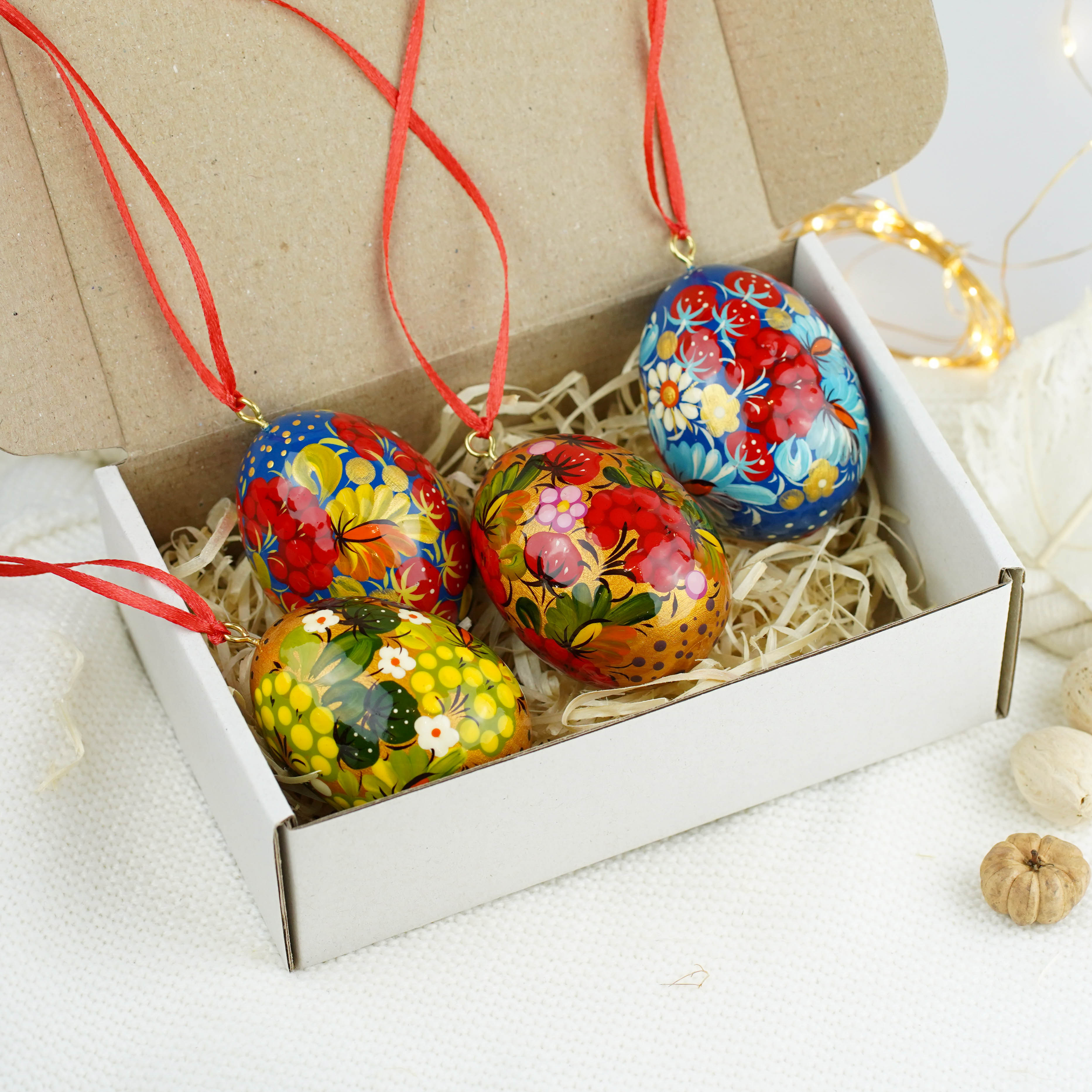 Set of 4 painted wooden Easter egg ornaments hanging - Ukrainian pysanky eggs