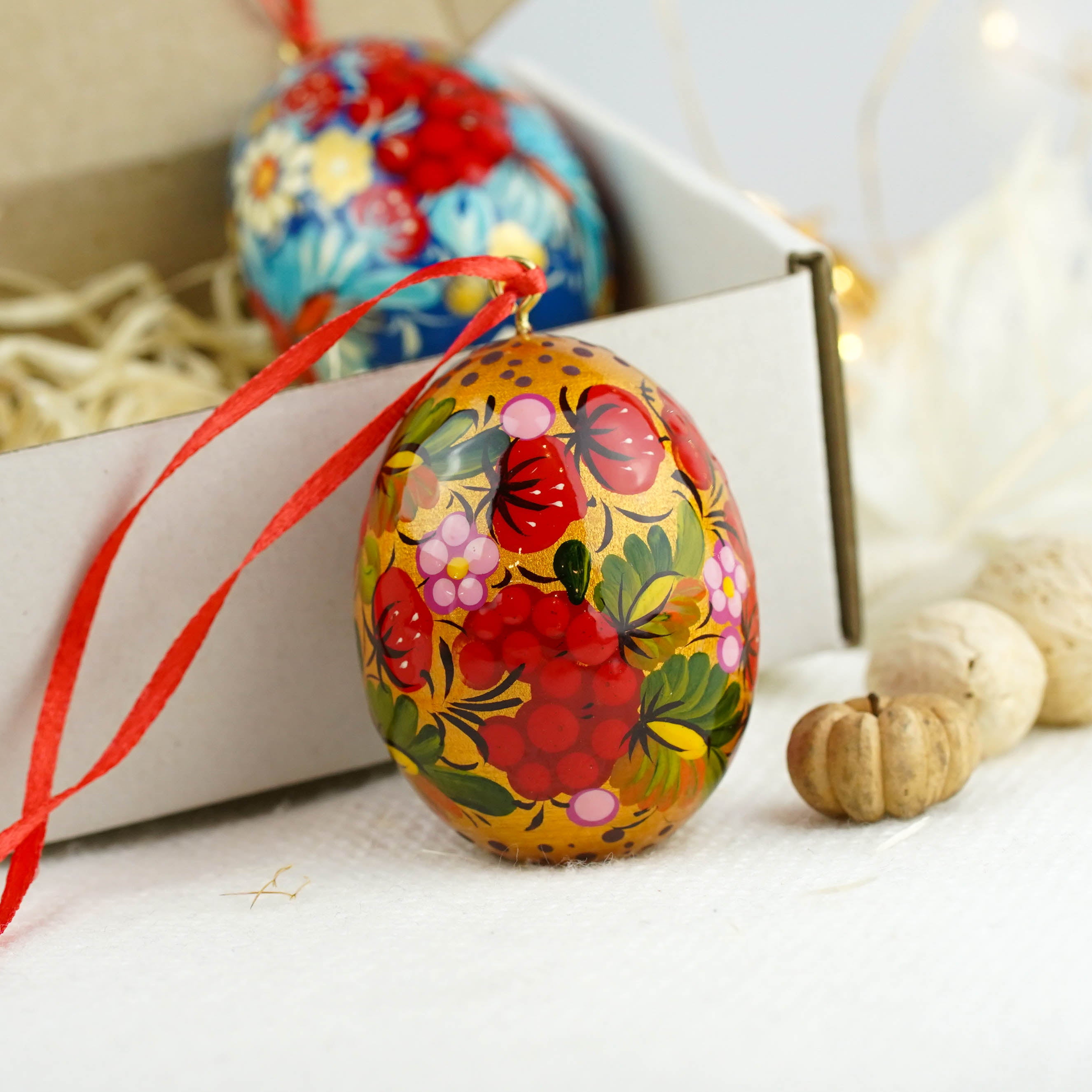 Set of 4 painted wooden Easter egg ornaments hanging - Ukrainian pysanky eggs