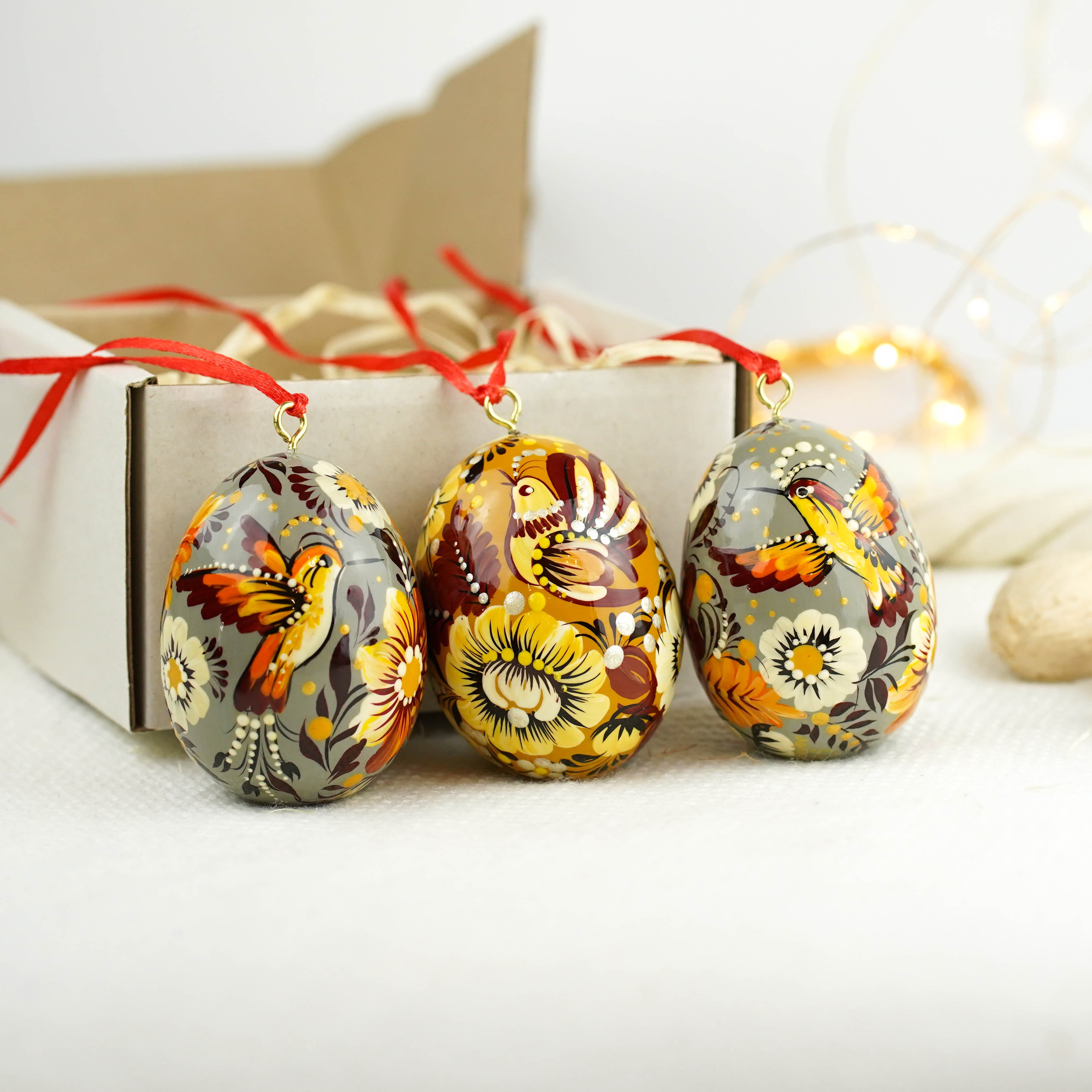 Set of 3 hummingbird Easter egg ornaments hanging