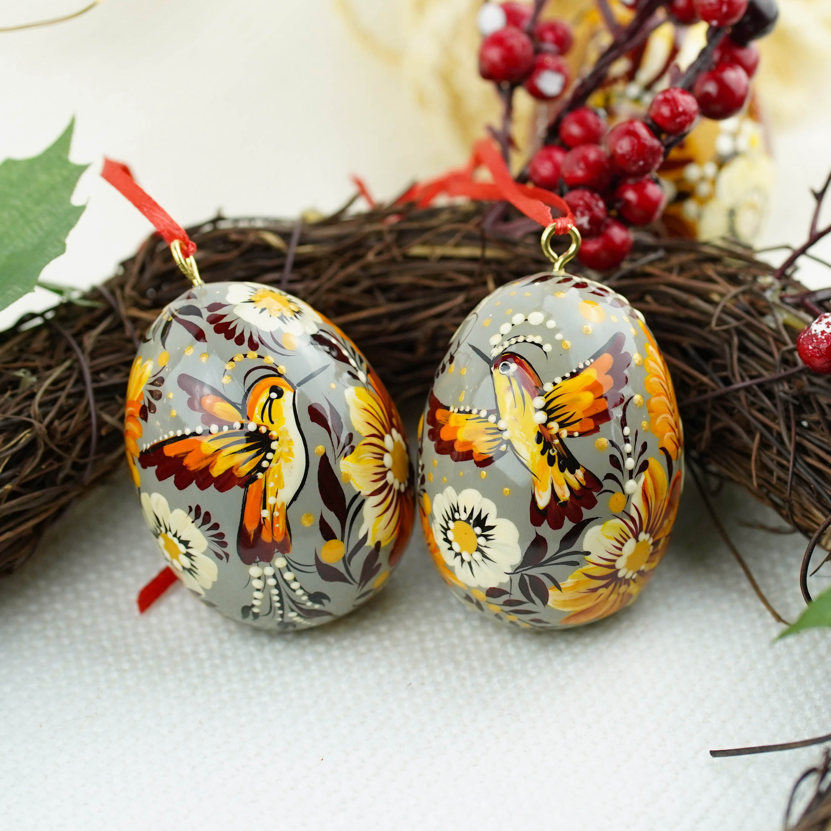 Set of 3 hummingbird Easter egg ornaments hanging