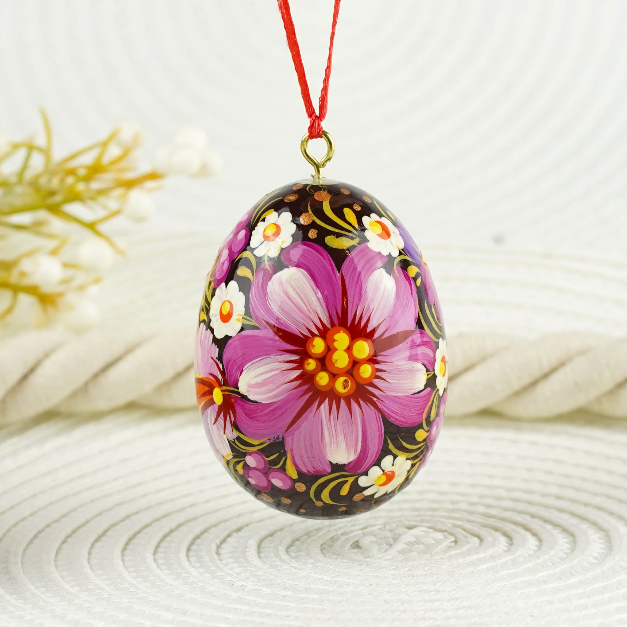 Painted purple Easter egg ornament hanging - Ukrainian pysanky eggs