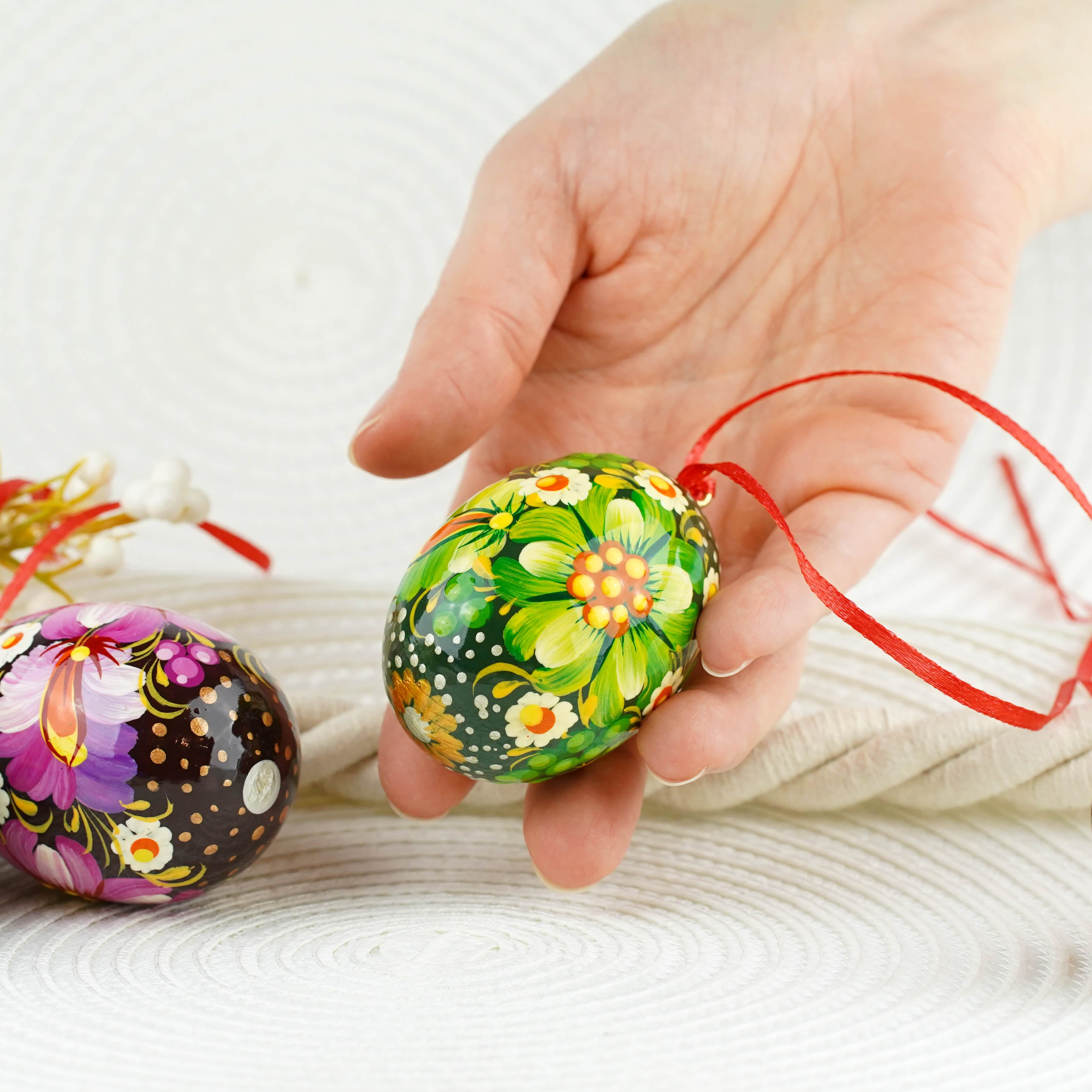 Painted purple Easter egg ornament hanging - Ukrainian pysanky eggs