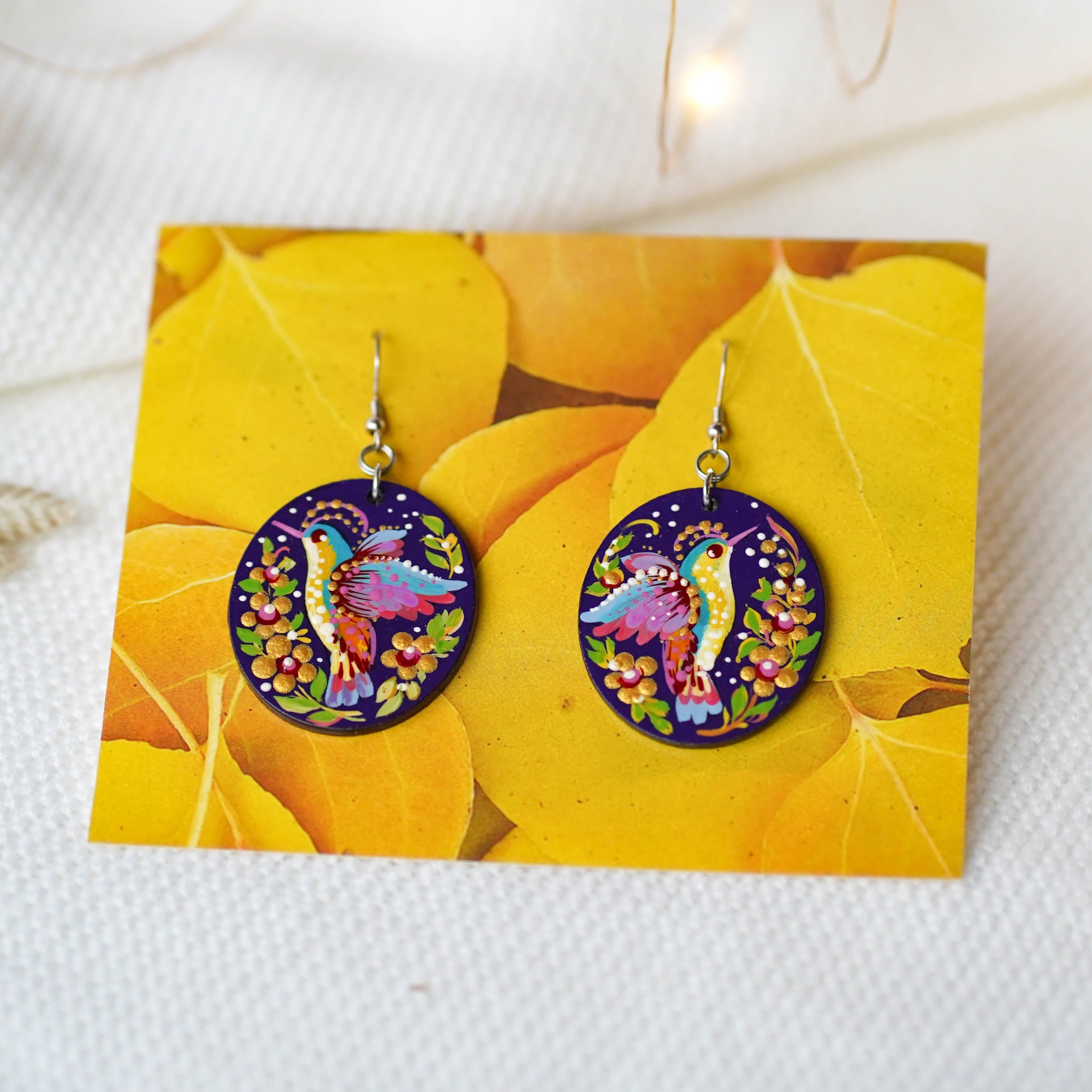 Hypoallergenic Wooden Painted Hummingbird Earrings - Artisanal Dangle Drop Purple Oval Statement Earrings