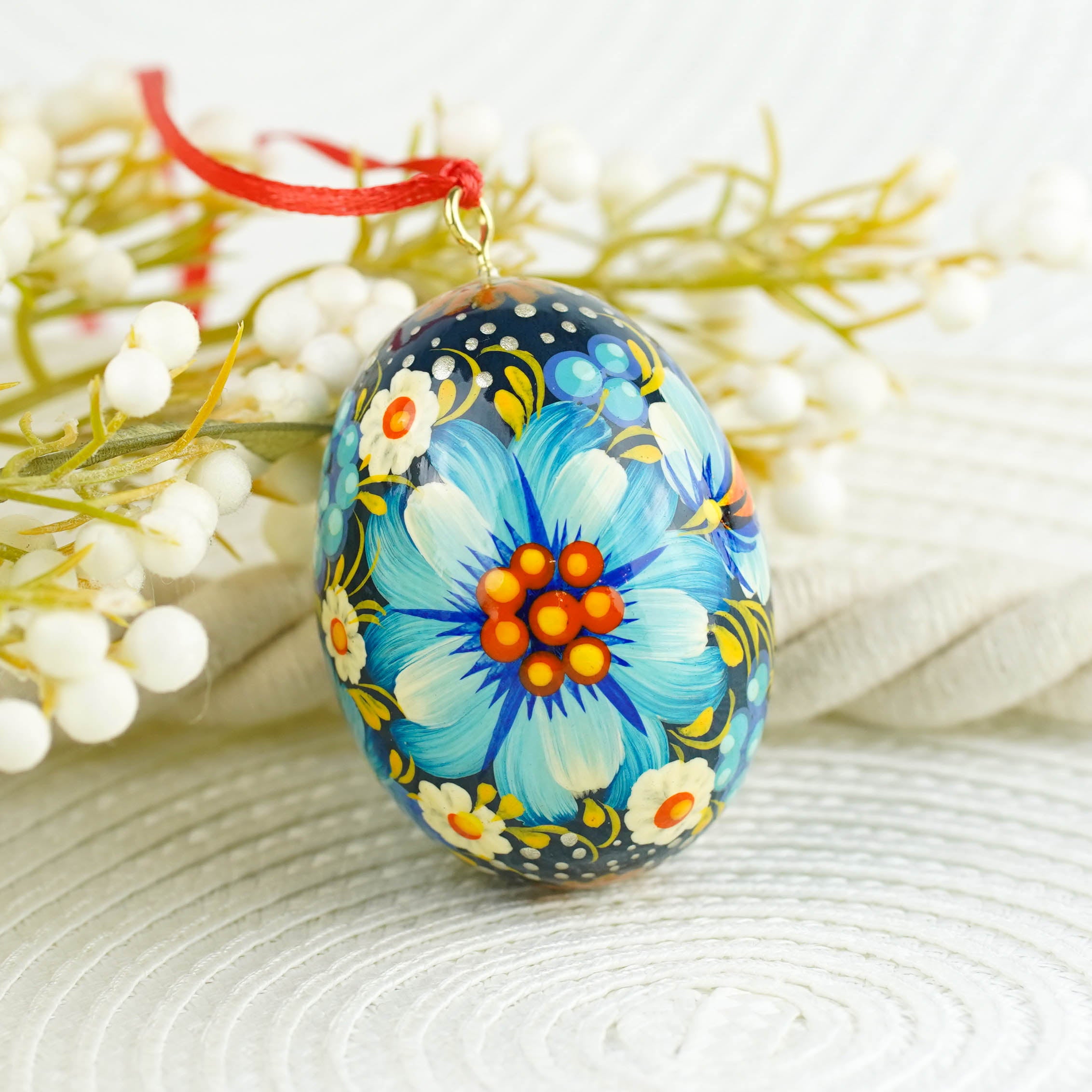 Painted purple Easter egg ornament hanging - Ukrainian pysanky eggs