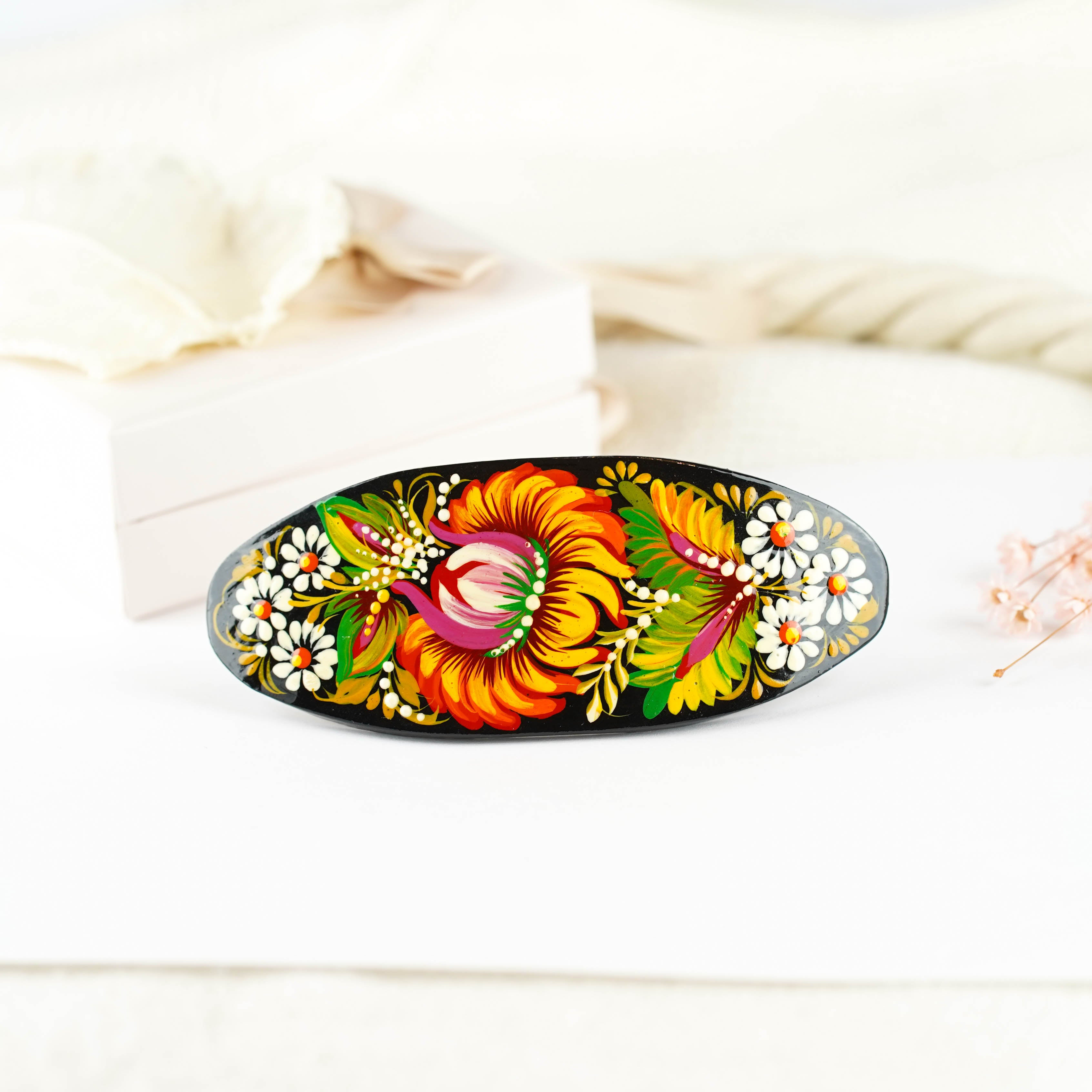 Hand-painted Oval Wooden Hair Barrette - Artisanal Petrykivka Art Orange Flower French Hair Clip