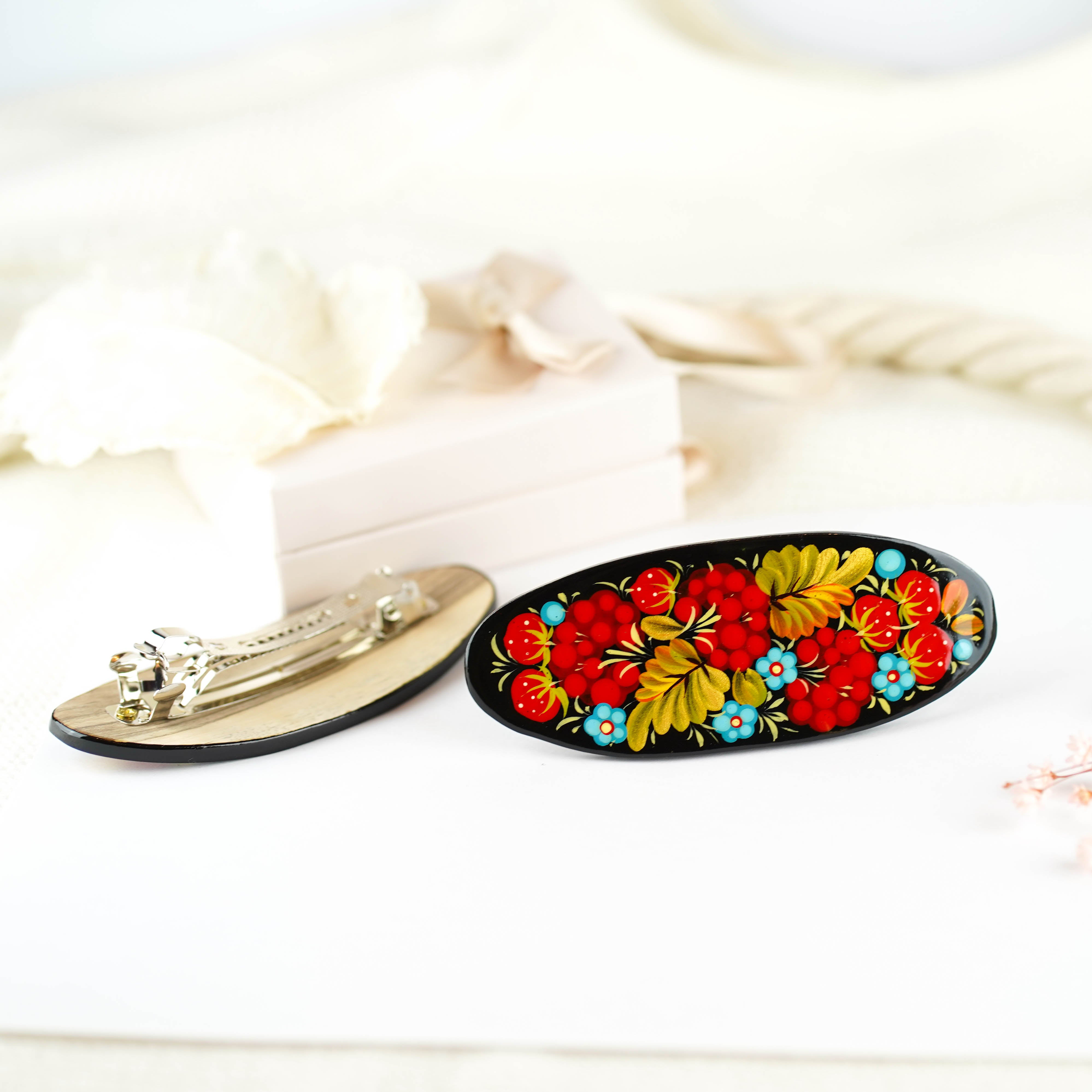 Hand-painted Wooden Hair Barrette with Adjustable Fit - Artisanal Petrykivka Art Red Flower Strawberry French Hair Clip