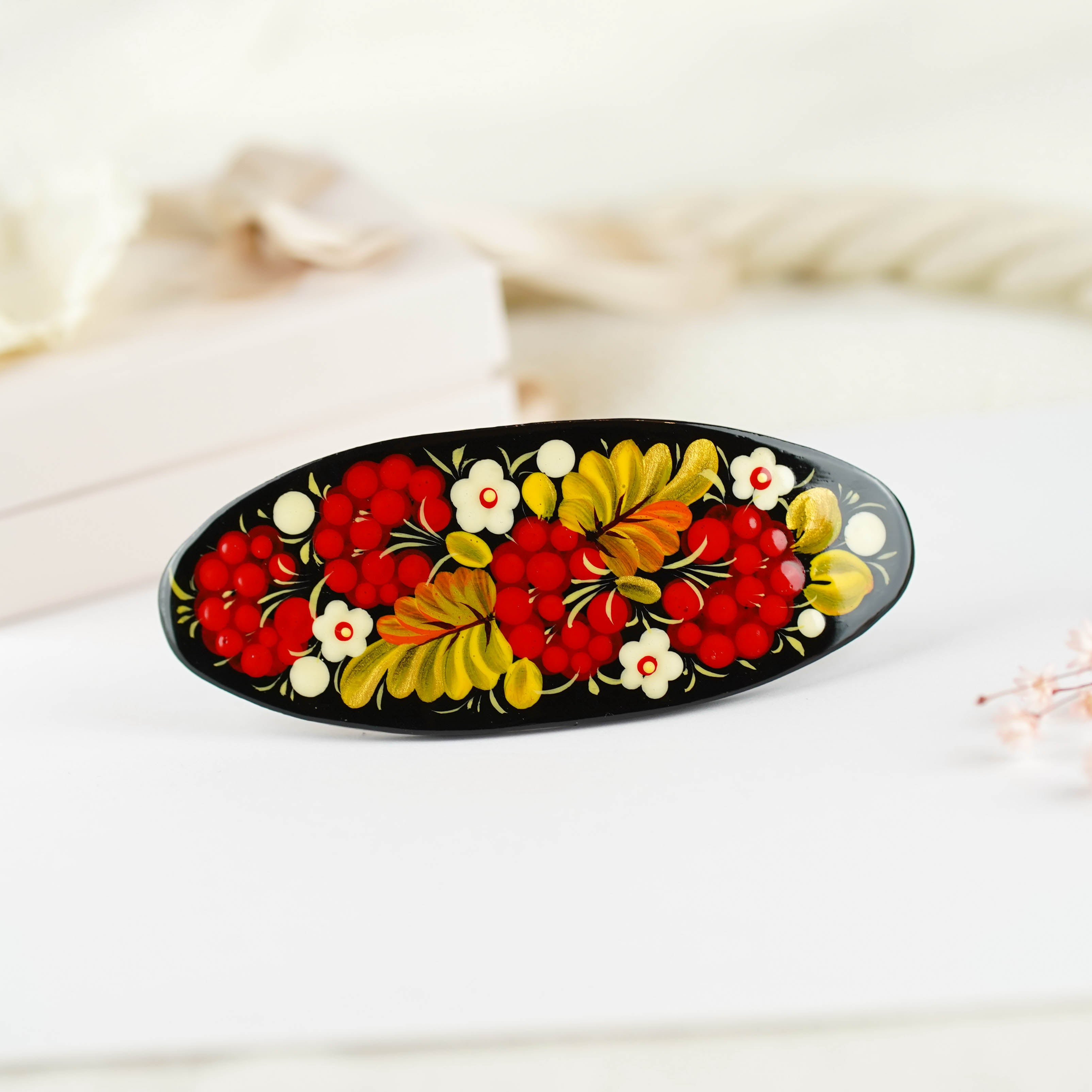 Hand-painted Oval Wooden Hair Barrette -  Artisanal Petrykivka Art Red Flower French Hair Clip