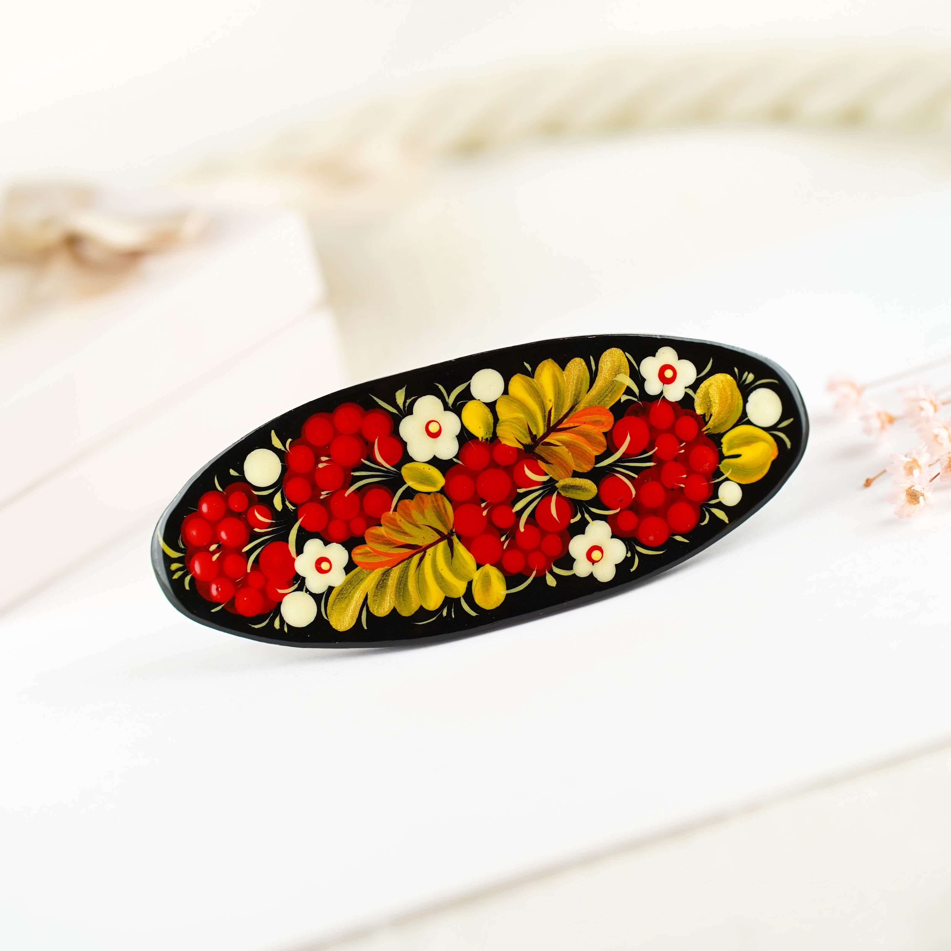 Hand-painted Oval Wooden Hair Barrette -  Artisanal Petrykivka Art Red Flower French Hair Clip