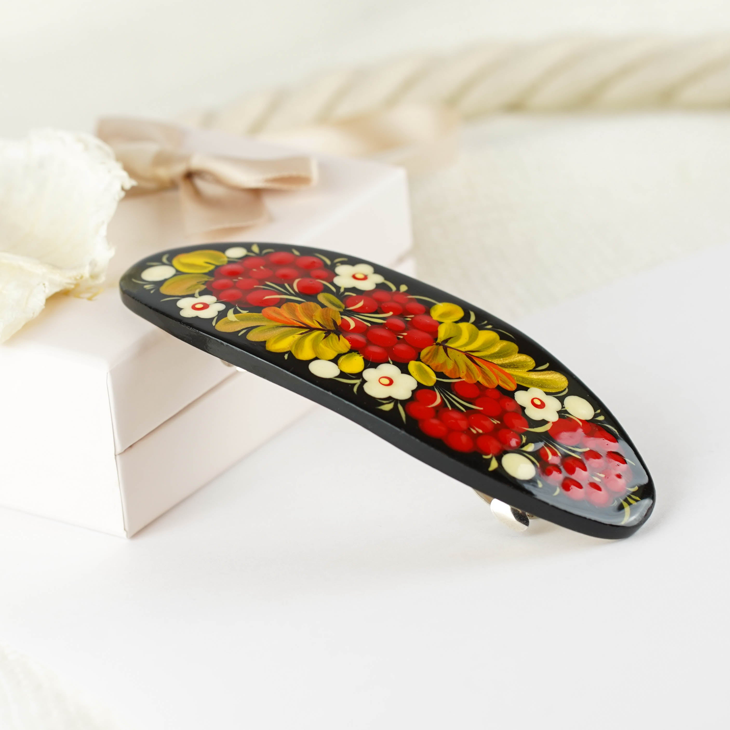 Hand-painted Oval Wooden Hair Barrette -  Artisanal Petrykivka Art Red Flower French Hair Clip