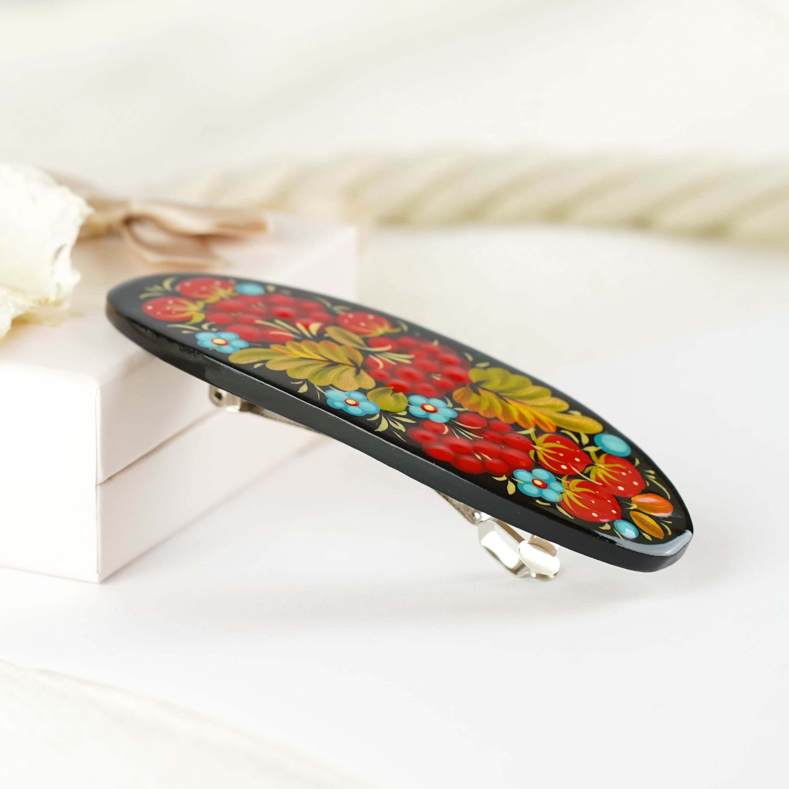 Hand-painted Wooden Hair Barrette with Adjustable Fit - Artisanal Petrykivka Art Red Flower Strawberry French Hair Clip