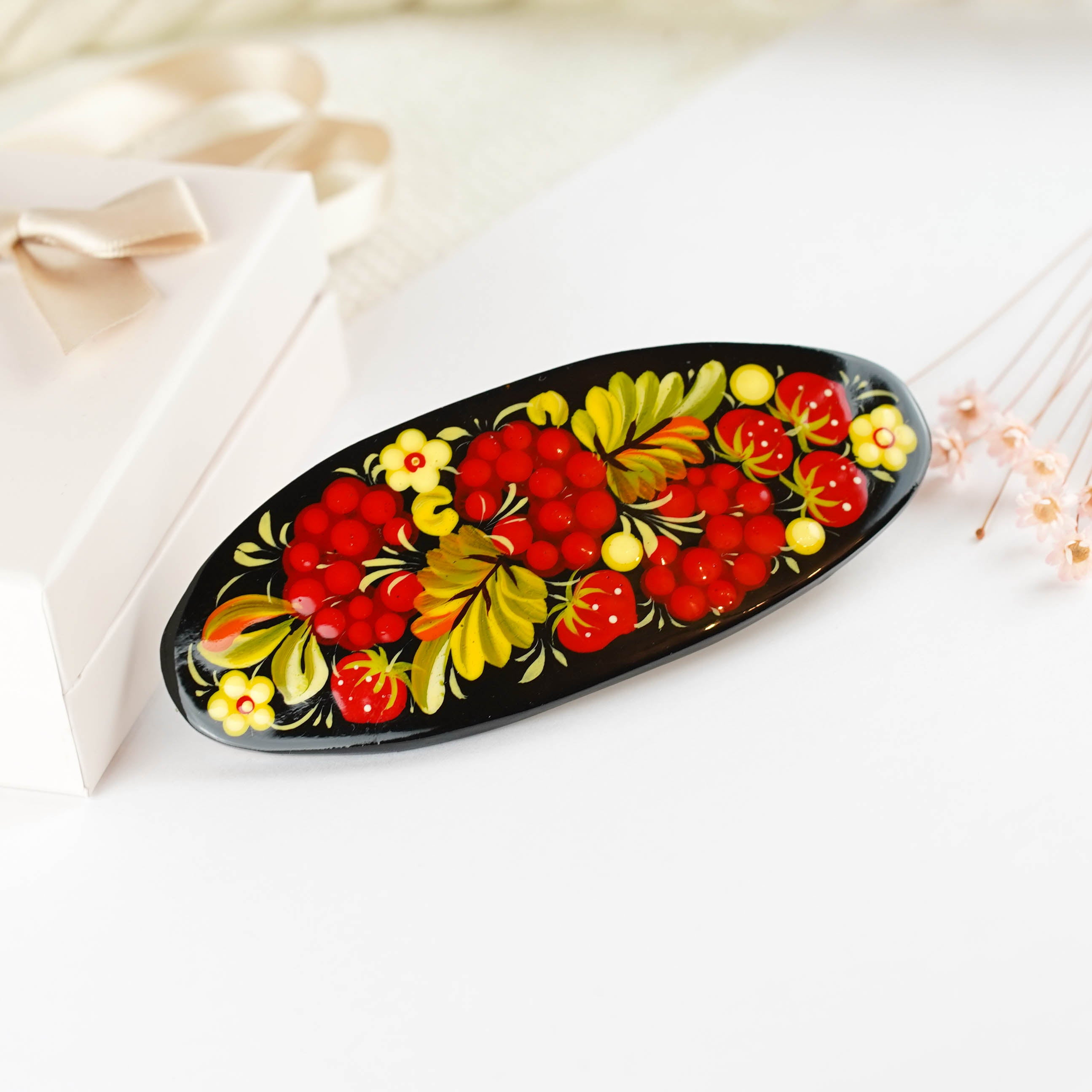 Painted Wooden Strawberry Hair Barrette - Artisanal Petrykivka Art Red Flower French Hair Clip