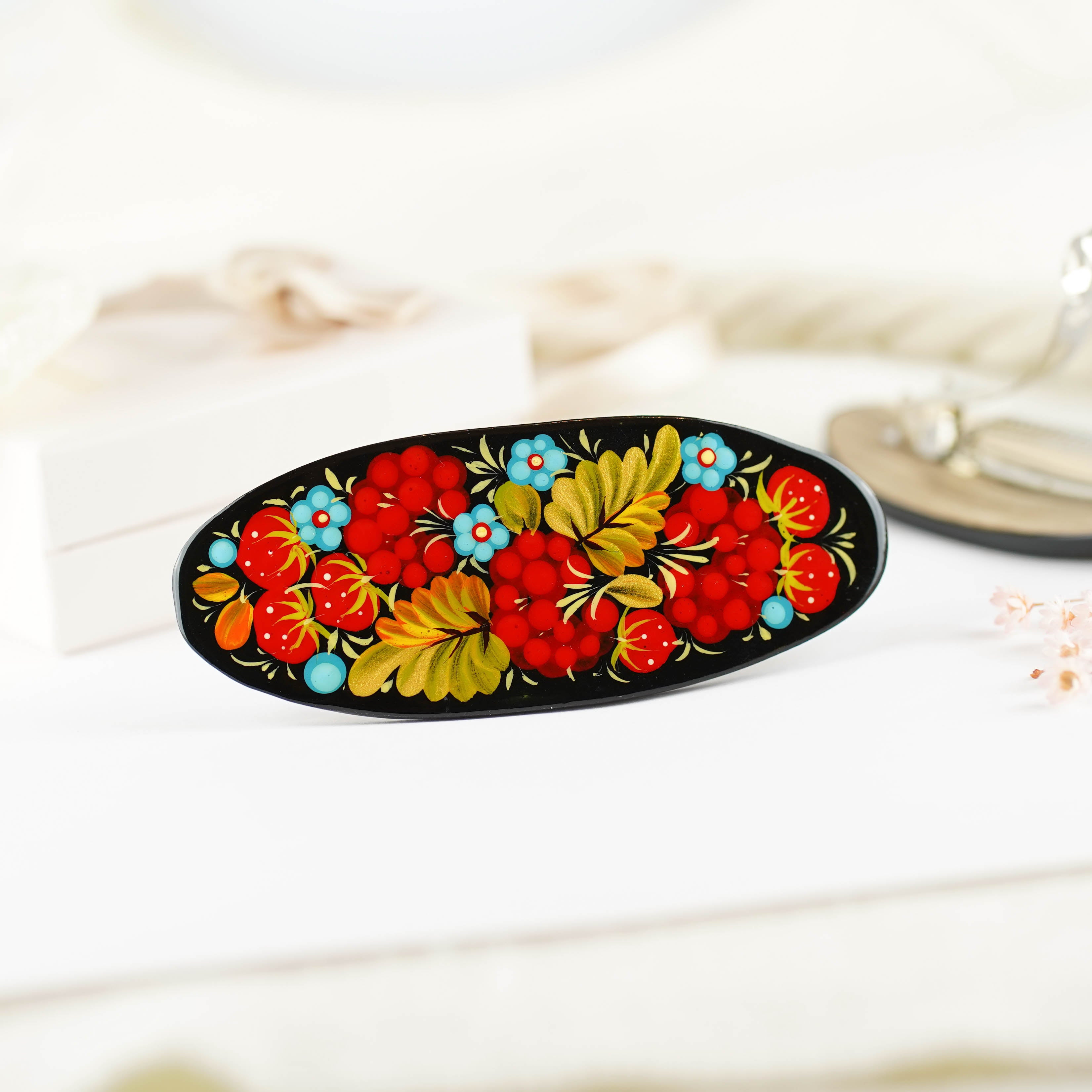 Hand-painted Wooden Hair Barrette with Adjustable Fit - Artisanal Petrykivka Art Red Flower Strawberry French Hair Clip