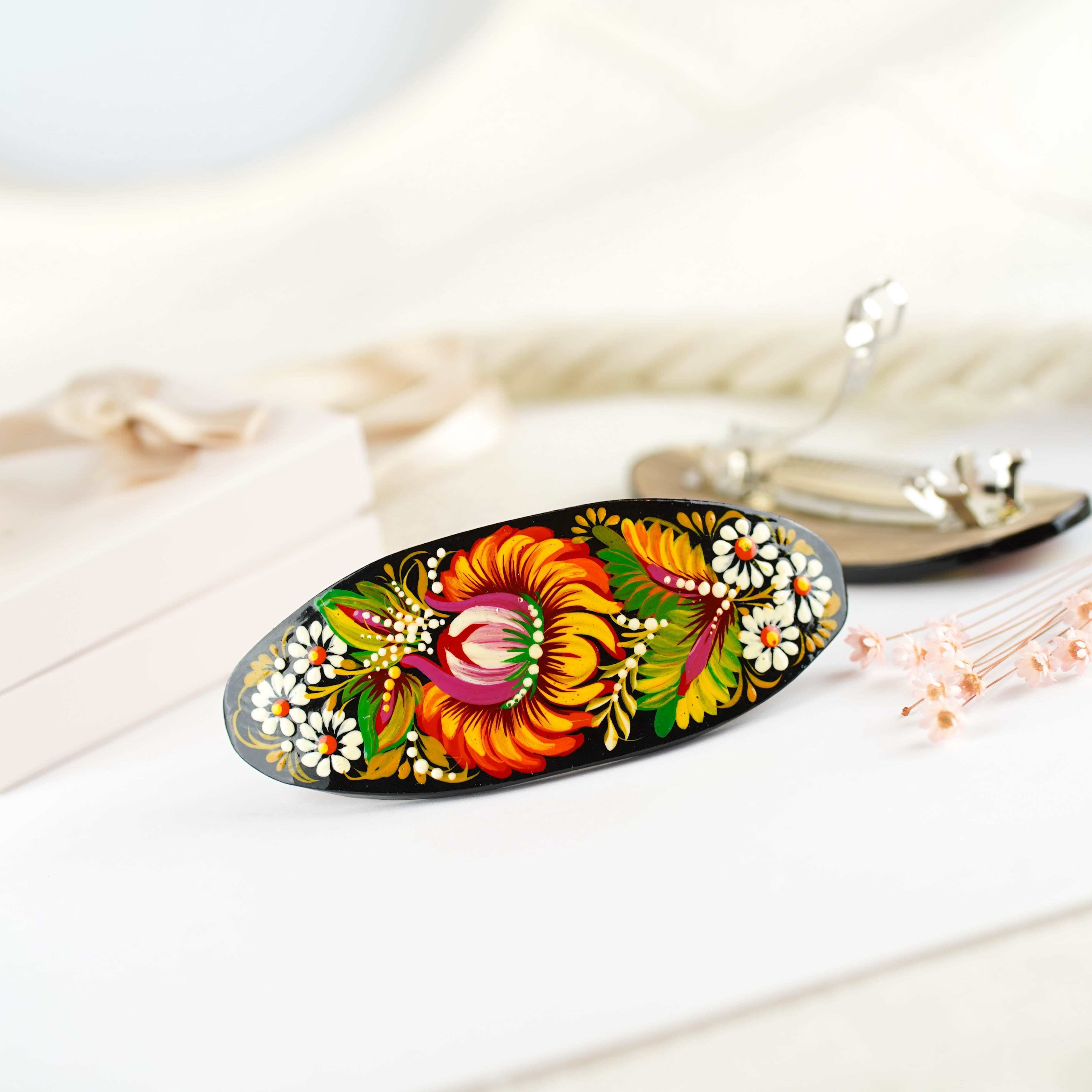 Hand-painted Oval Wooden Hair Barrette - Artisanal Petrykivka Art Orange Flower French Hair Clip