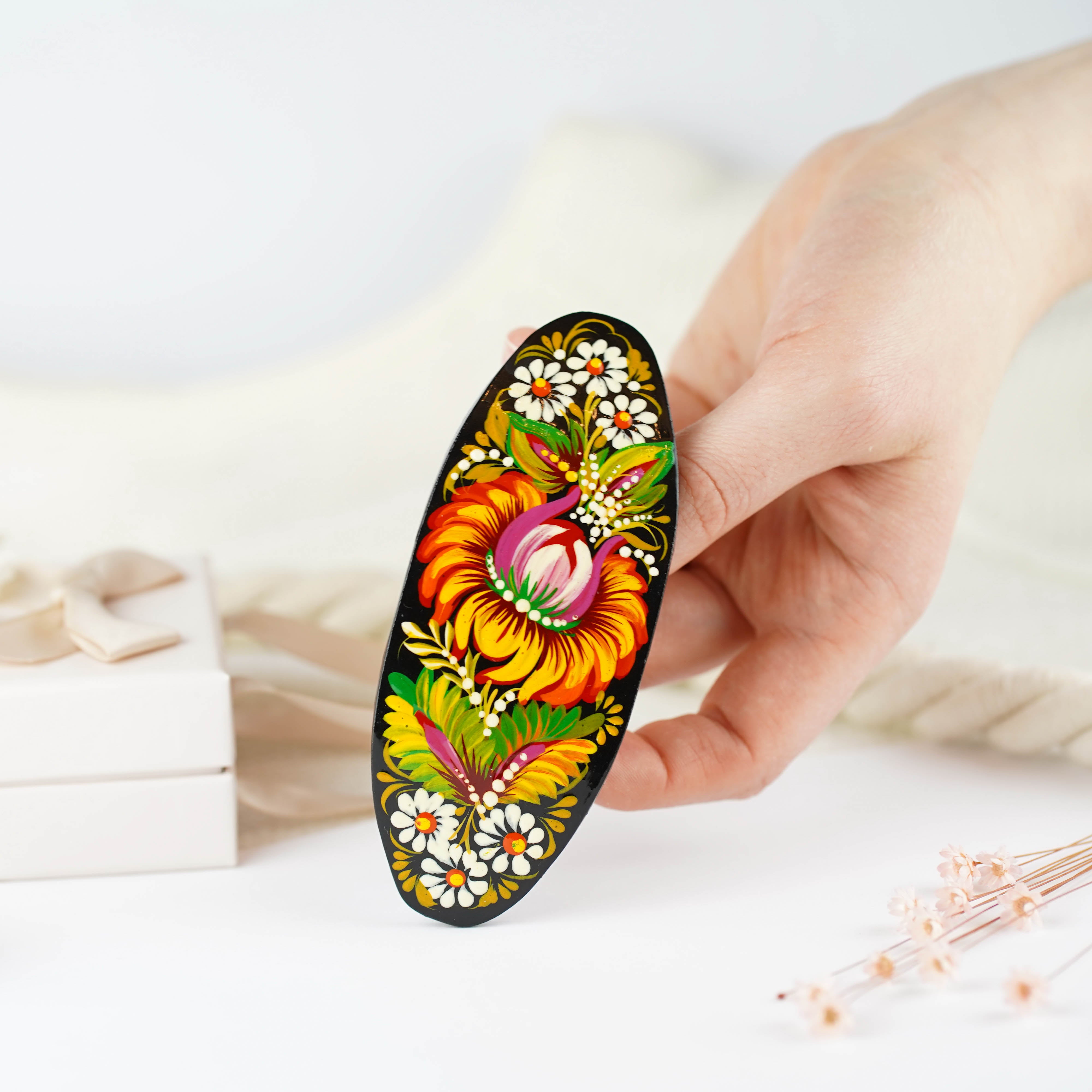 Hand-painted Oval Wooden Hair Barrette - Artisanal Petrykivka Art Orange Flower French Hair Clip