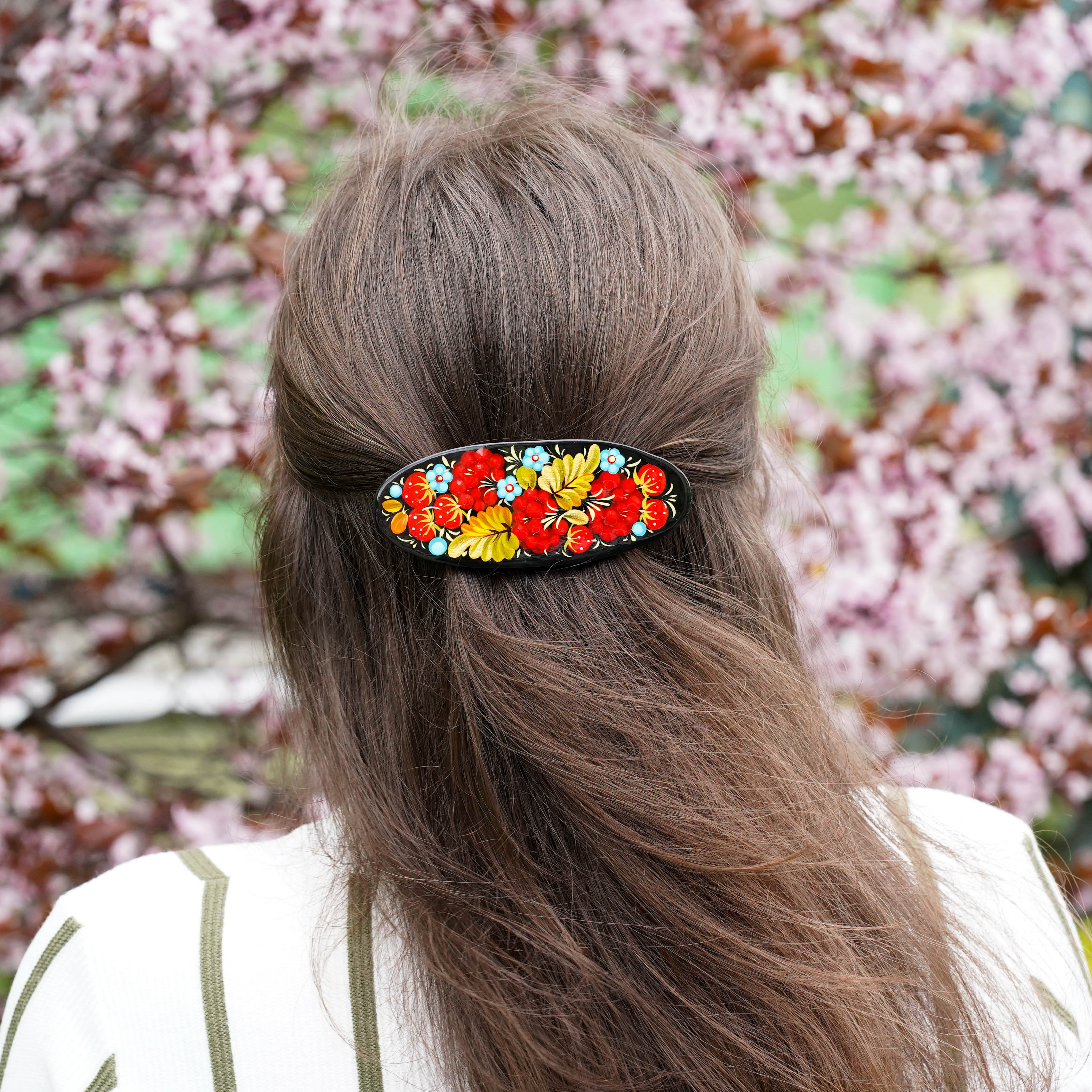 Hand-painted Wooden Hair Barrette with Adjustable Fit - Artisanal Petrykivka Art Red Flower Strawberry French Hair Clip