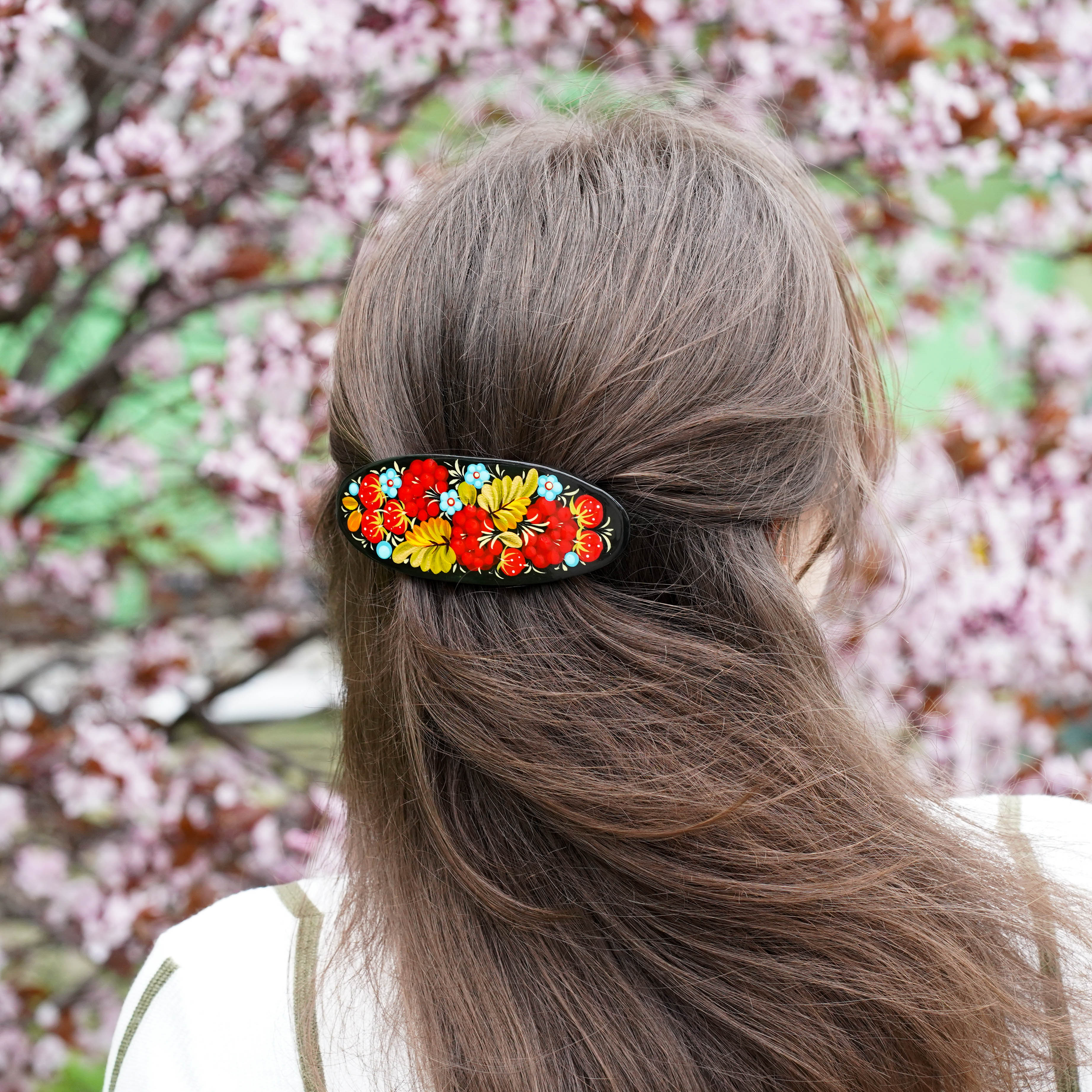 Hand-painted Wooden Hair Barrette with Adjustable Fit - Artisanal Petrykivka Art Red Flower Strawberry French Hair Clip