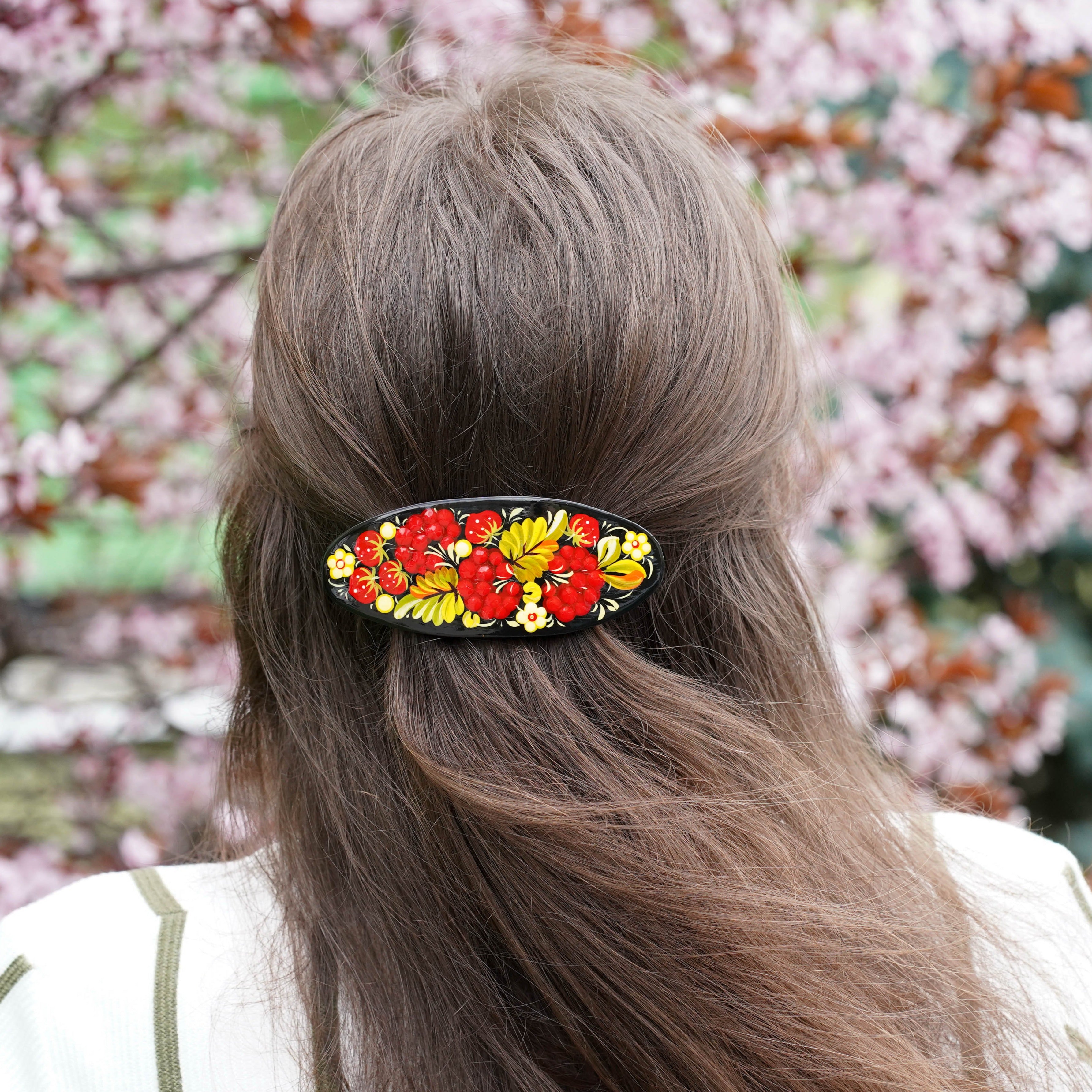 Painted Wooden Strawberry Hair Barrette - Artisanal Petrykivka Art Red Flower French Hair Clip