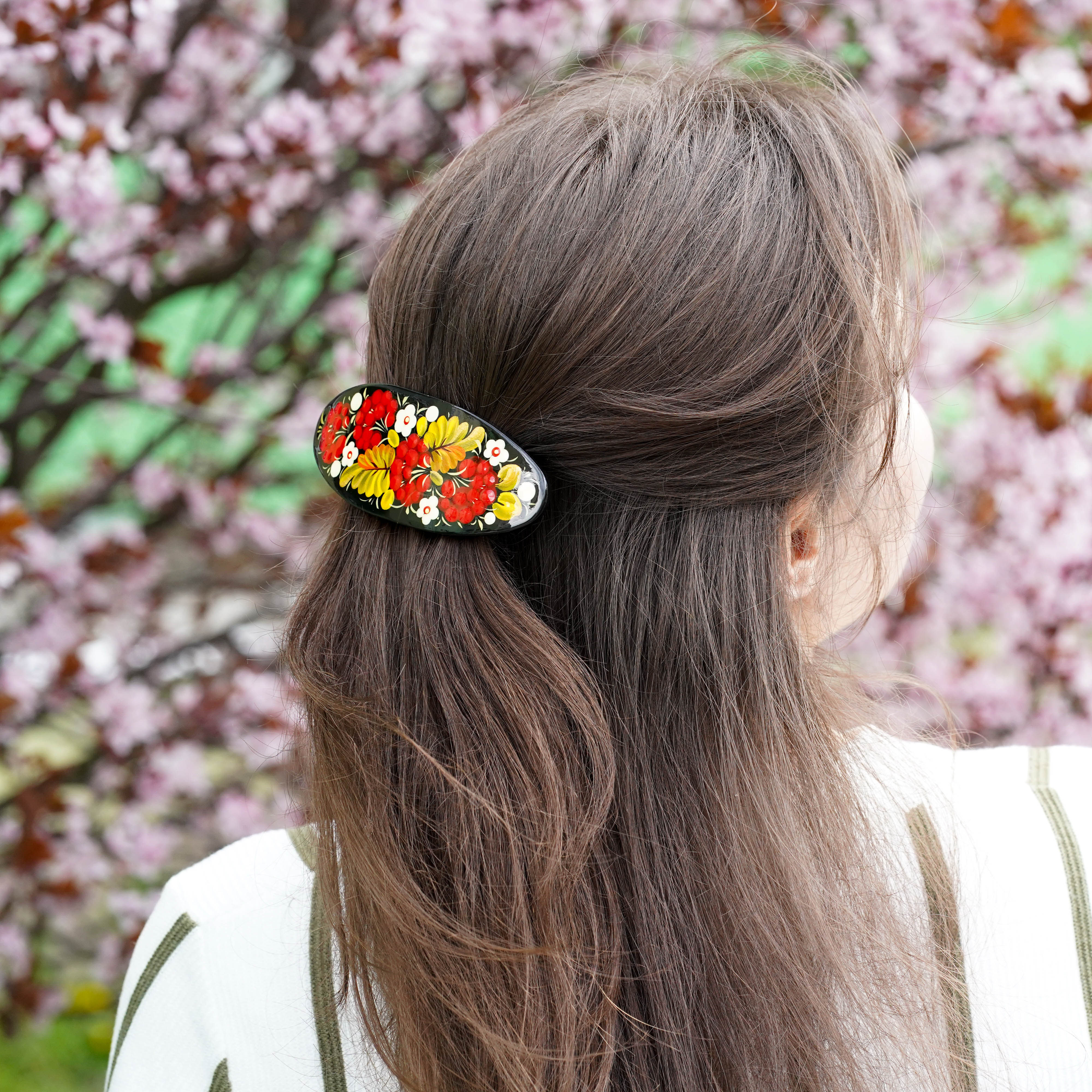 Hand-painted Oval Wooden Hair Barrette -  Artisanal Petrykivka Art Red Flower French Hair Clip